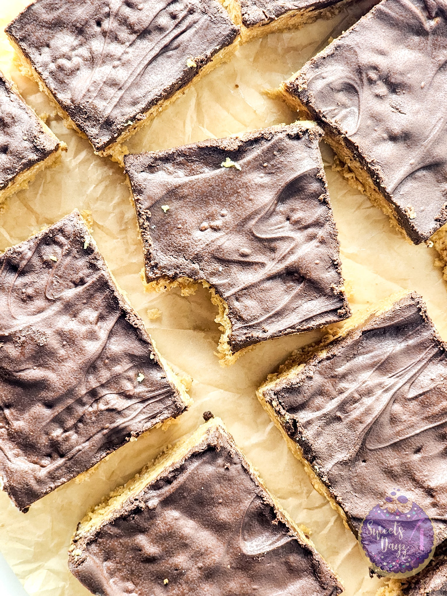 Peanut Butter Chocolate Rice Krispy Treats on Gold Marble
