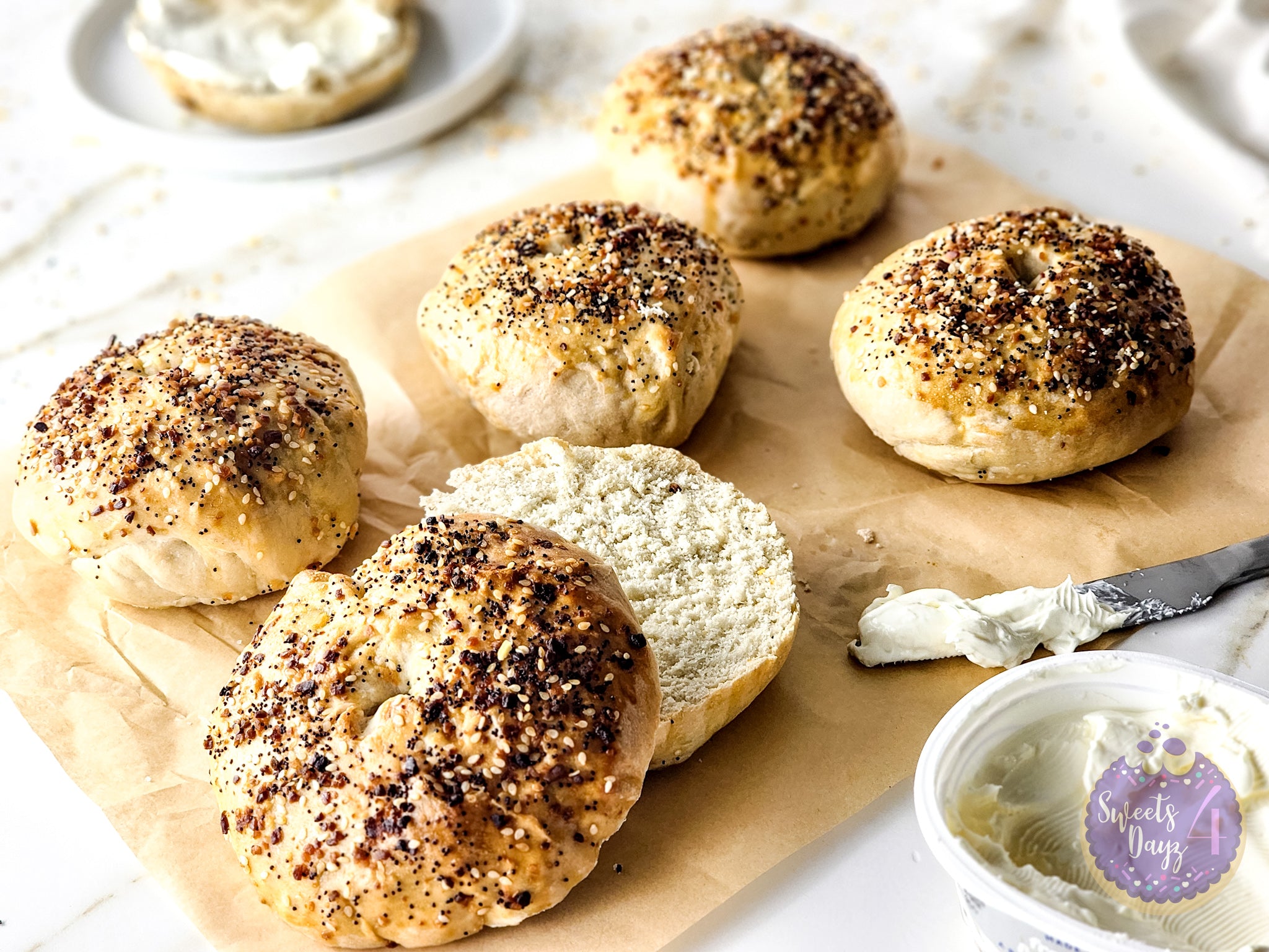 Homemade Everything Bagels on Gold Marble