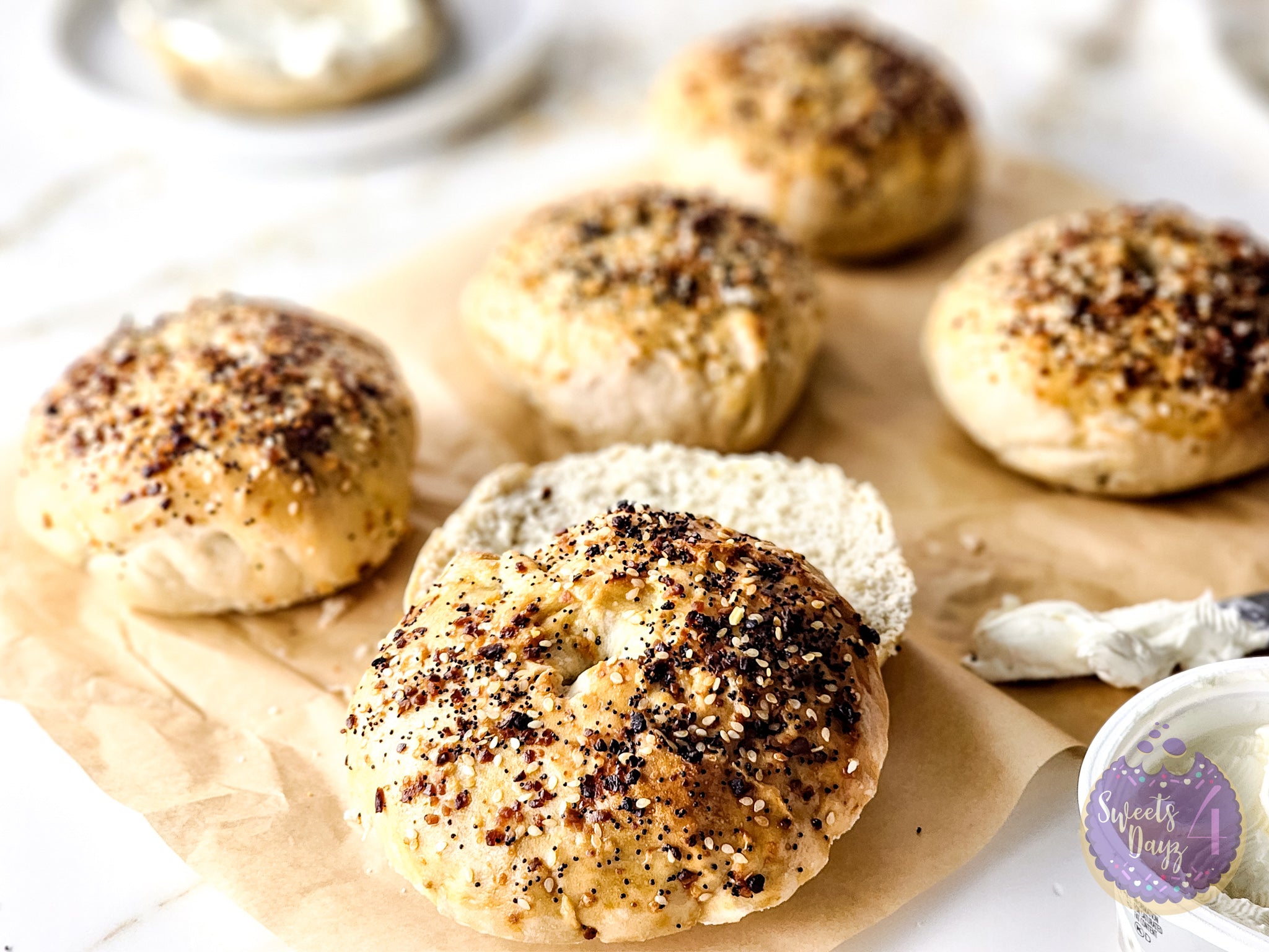 Homemade Everything Bagels on Gold Marble