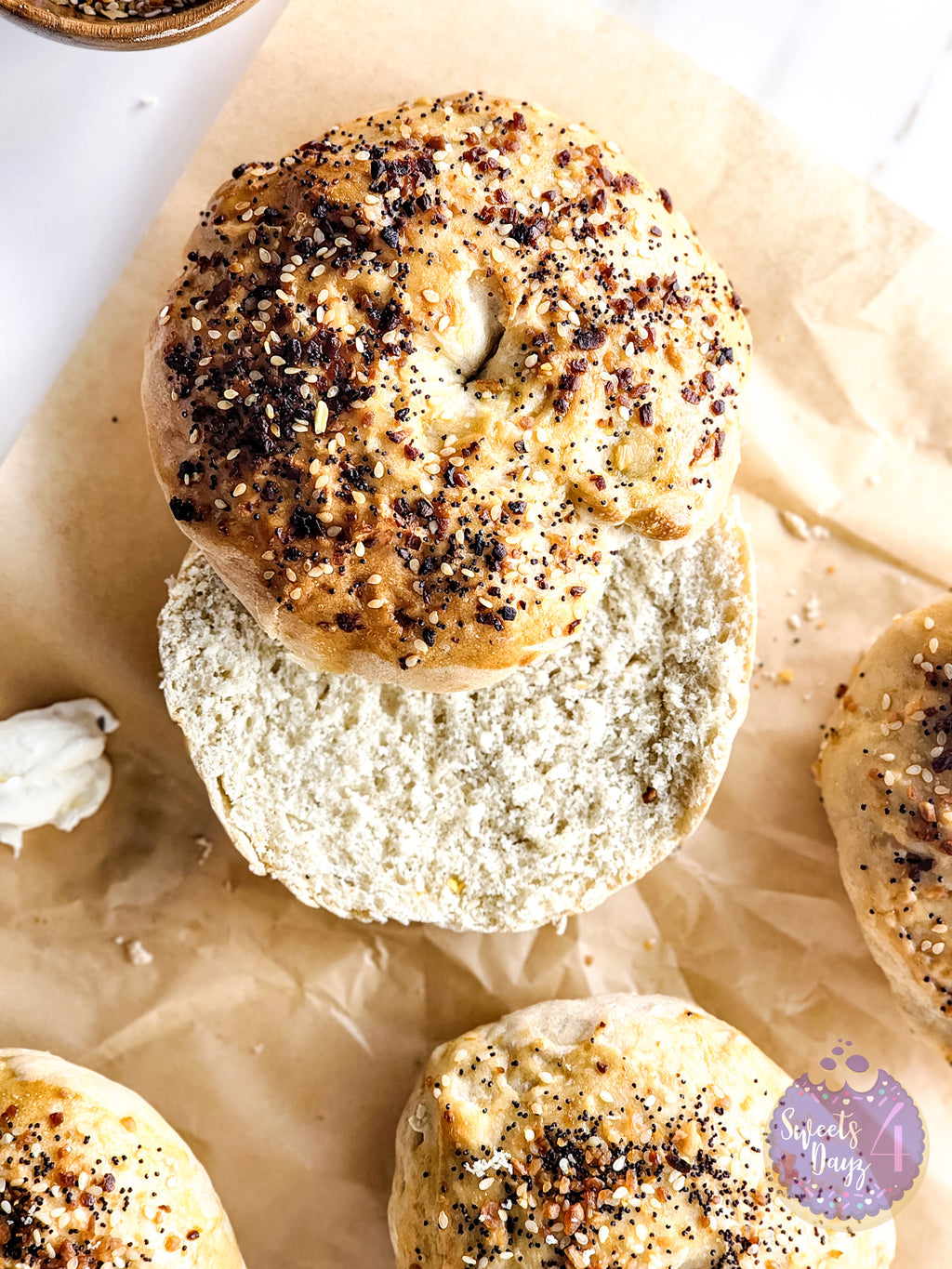 Homemade Everything Bagels on Gold Marble
