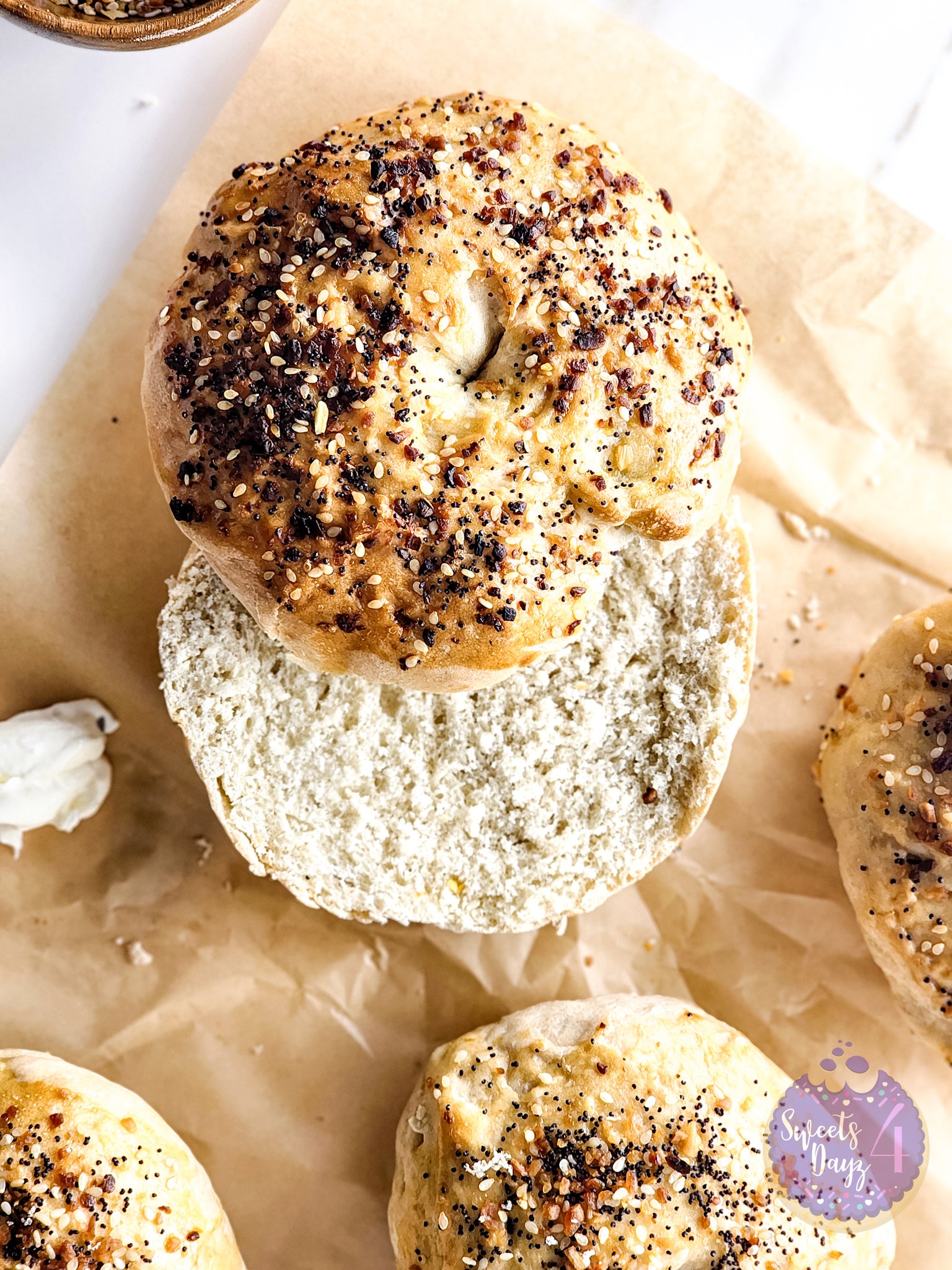 Homemade Everything Bagels on Gold Marble