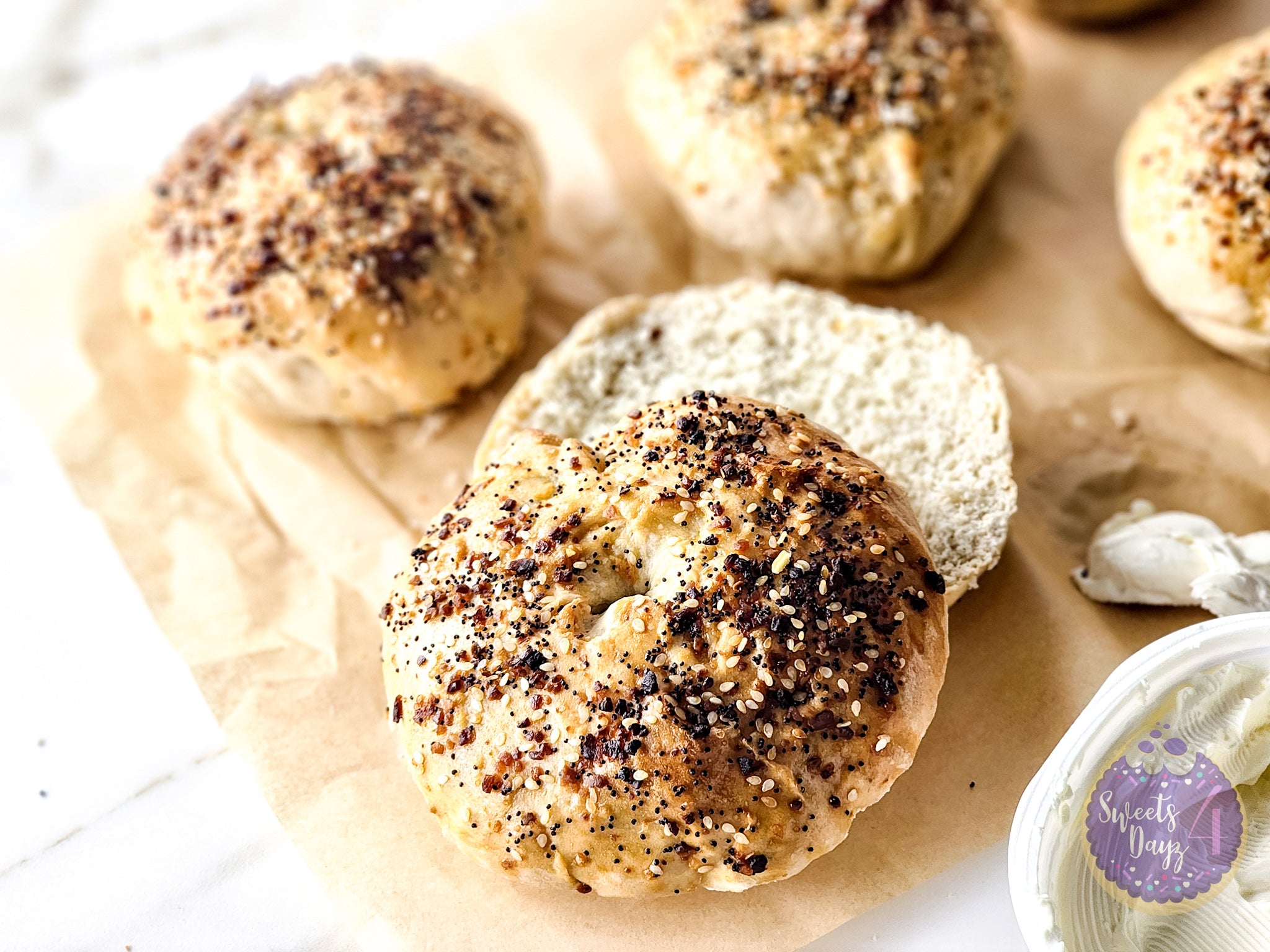 Homemade Everything Bagels on Gold Marble