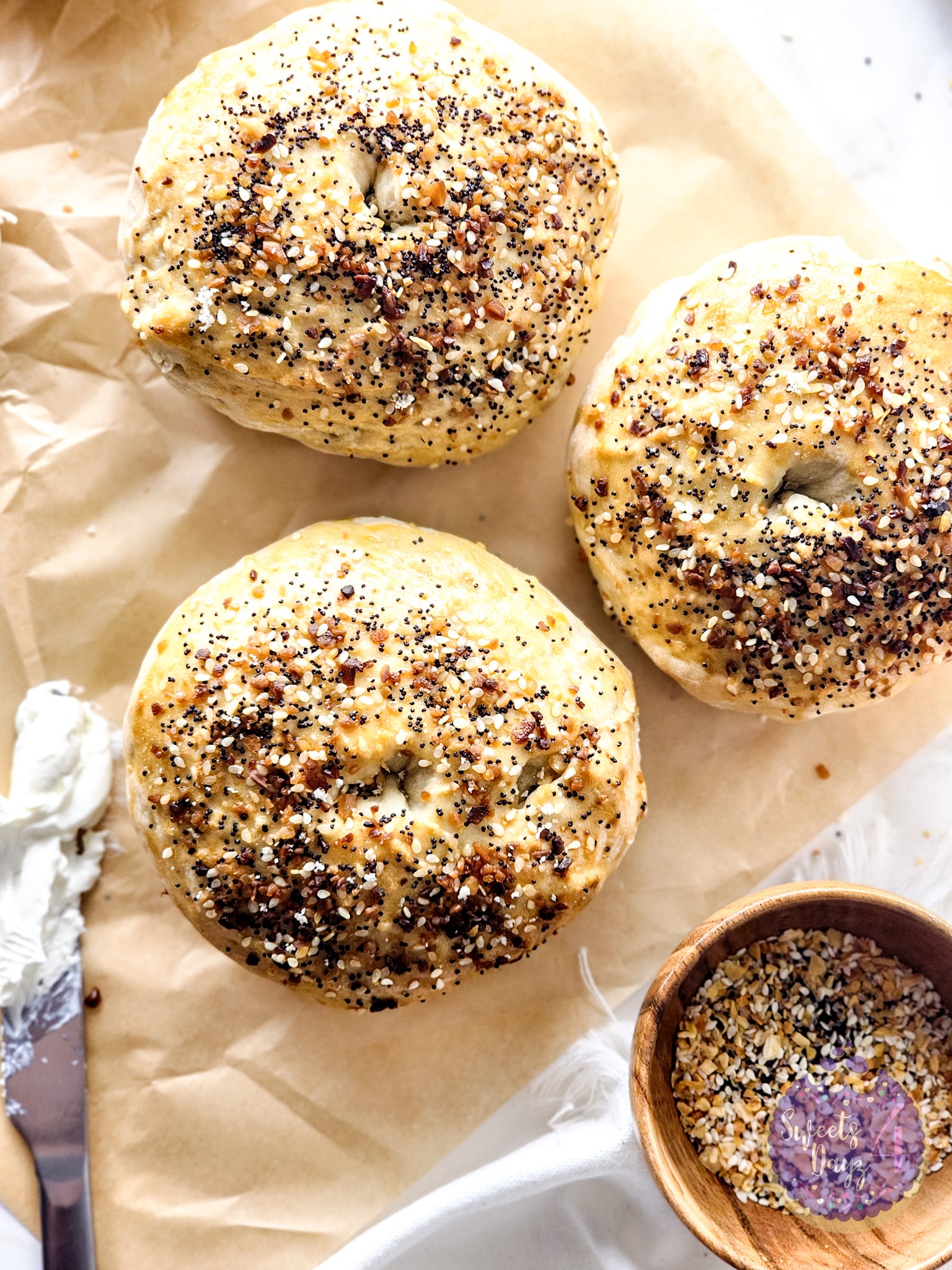 Homemade Everything Bagels on Gold Marble