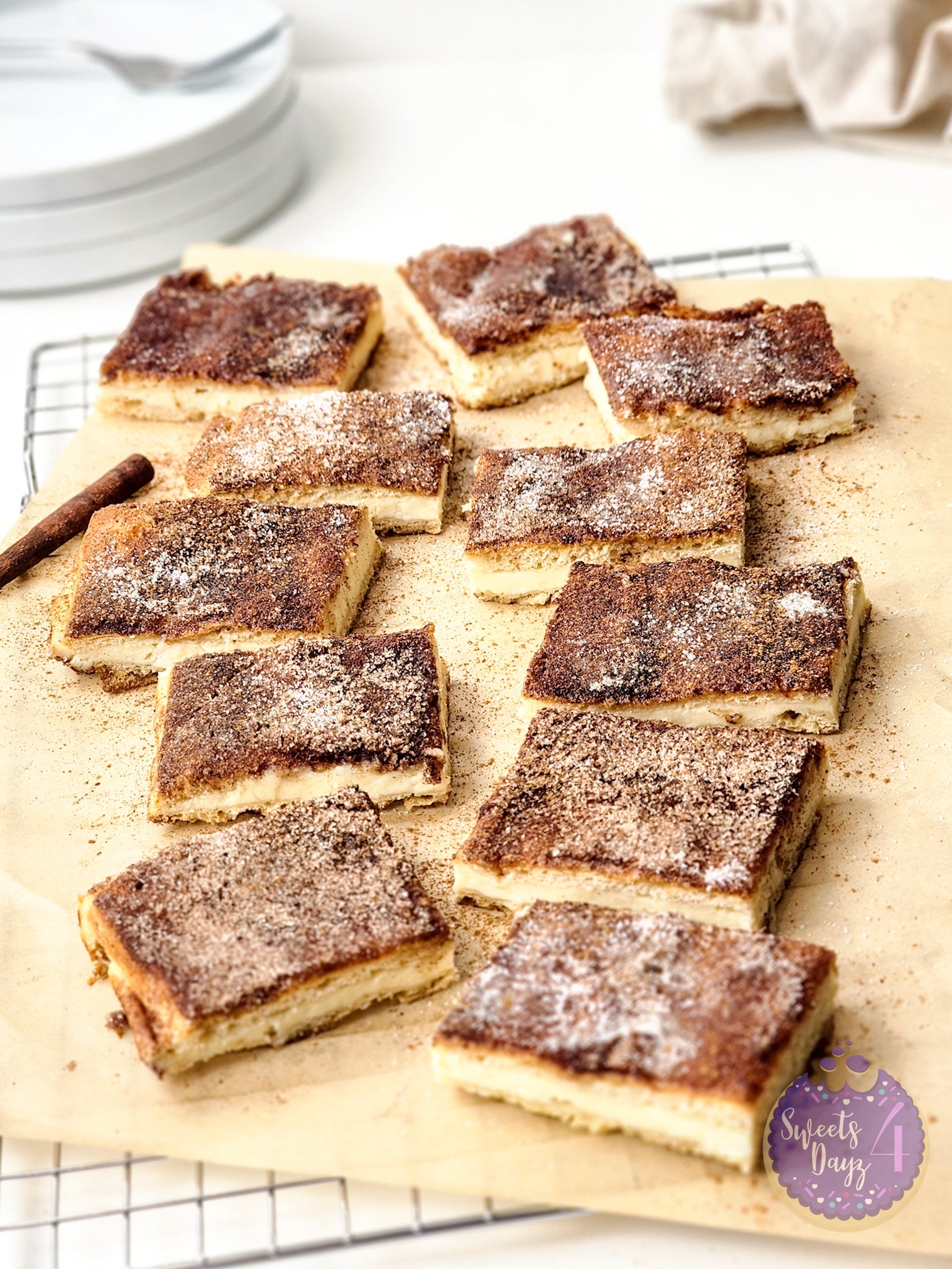 Churro Cheesecake Bars on White