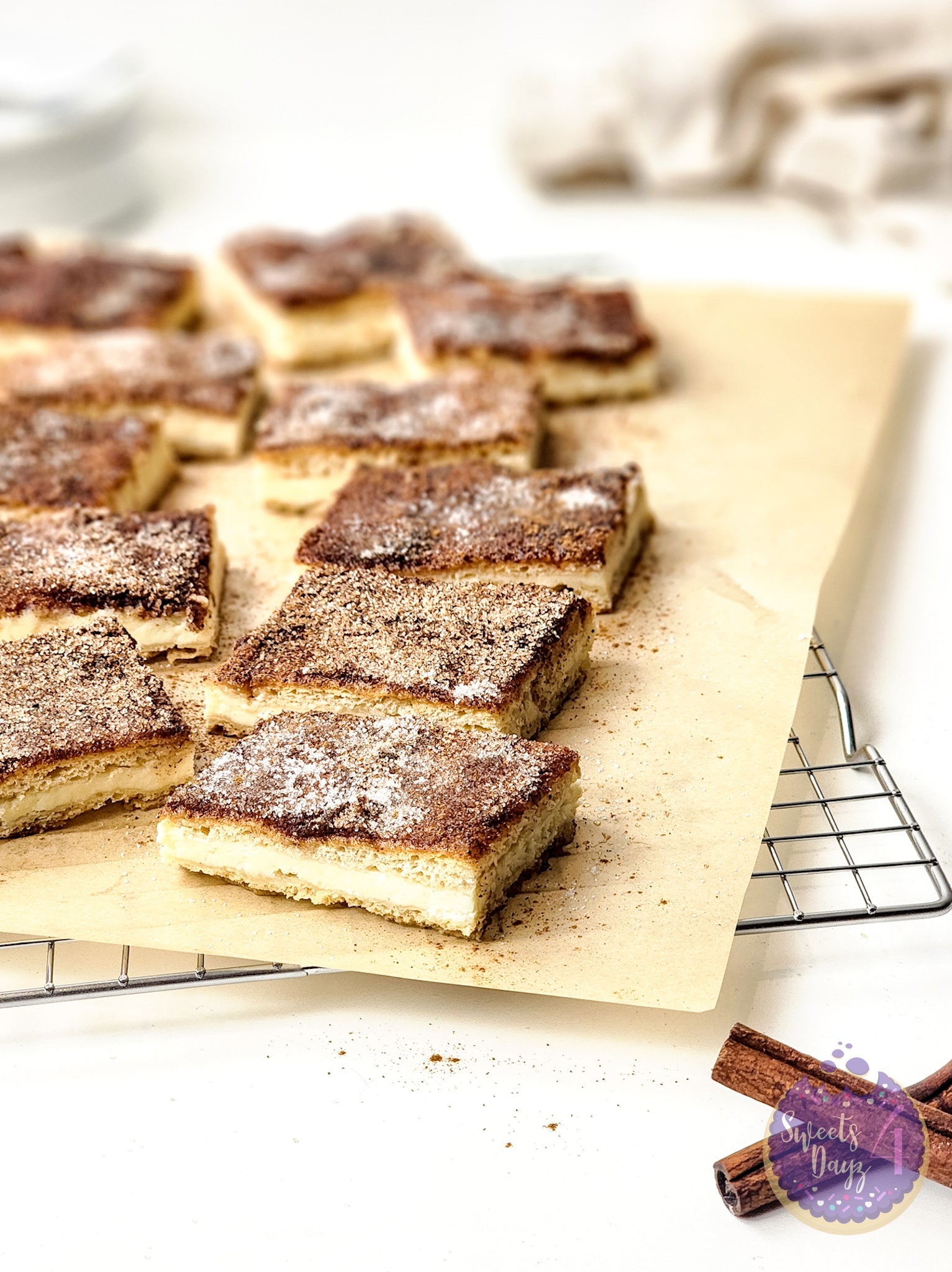 Churro Cheesecake Bars on White