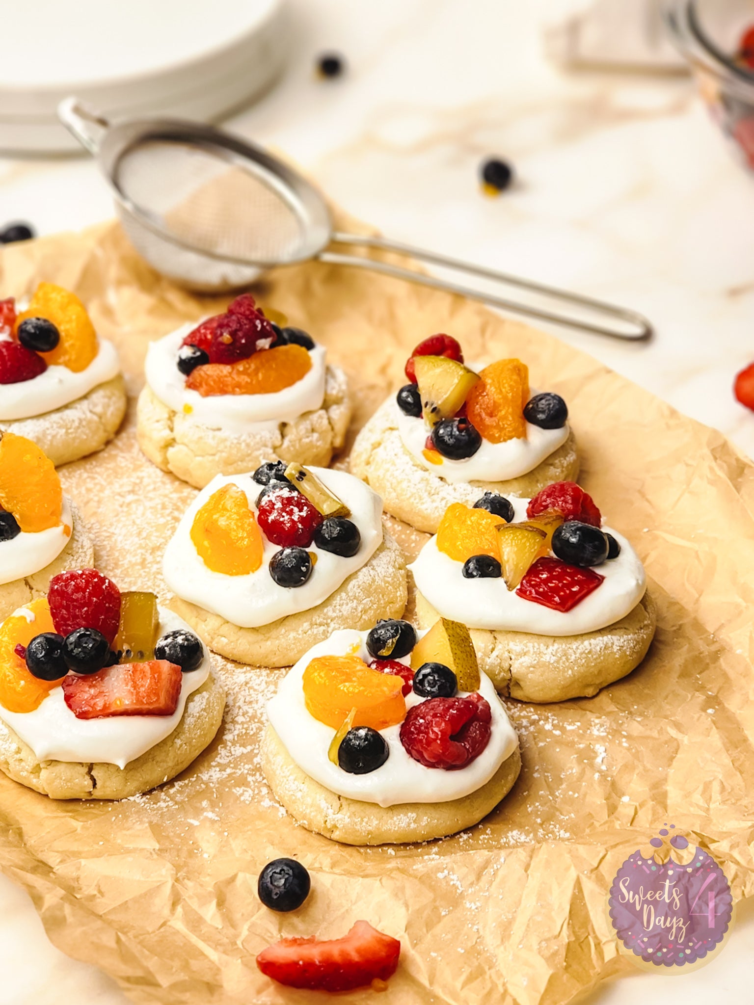 Fruit Pizza Cookies on Gold Marble