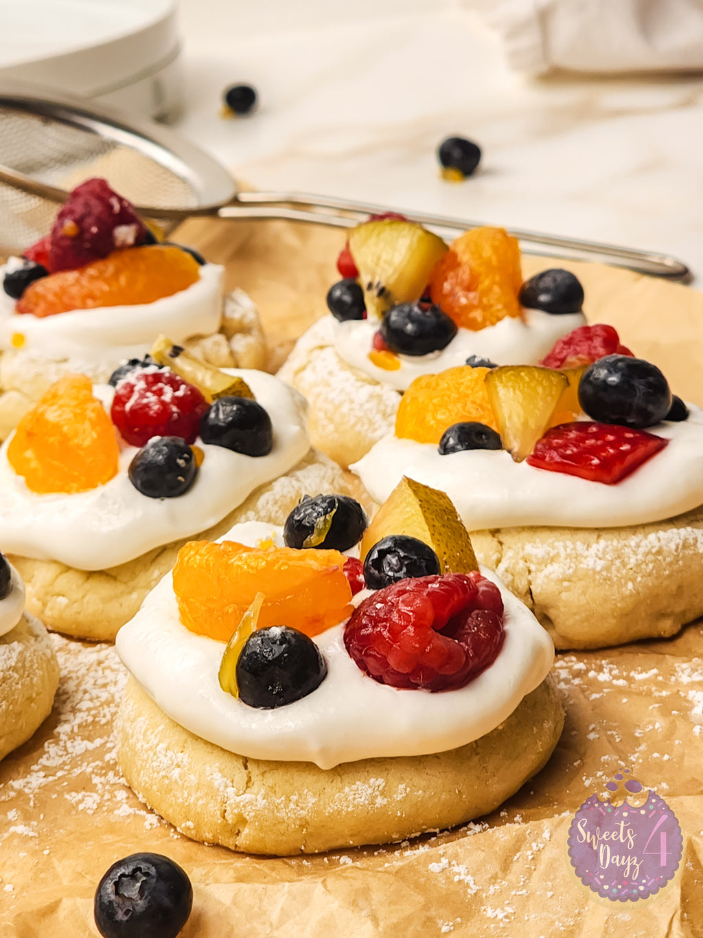 Fruit Pizza Cookies on Gold Marble