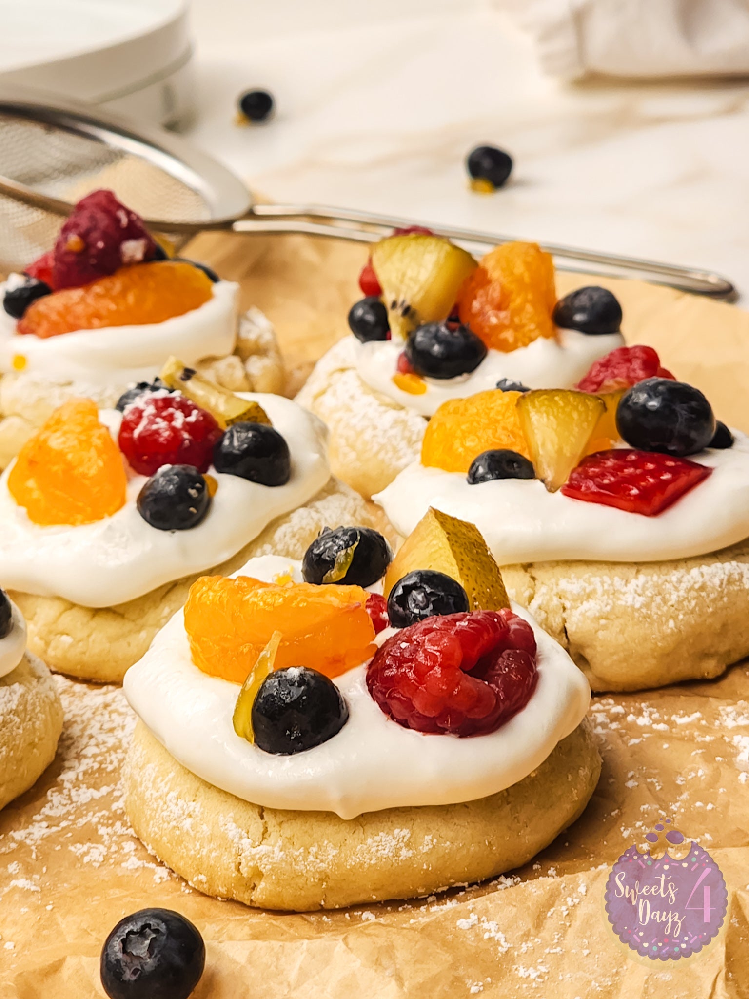 Fruit Pizza Cookies on Gold Marble