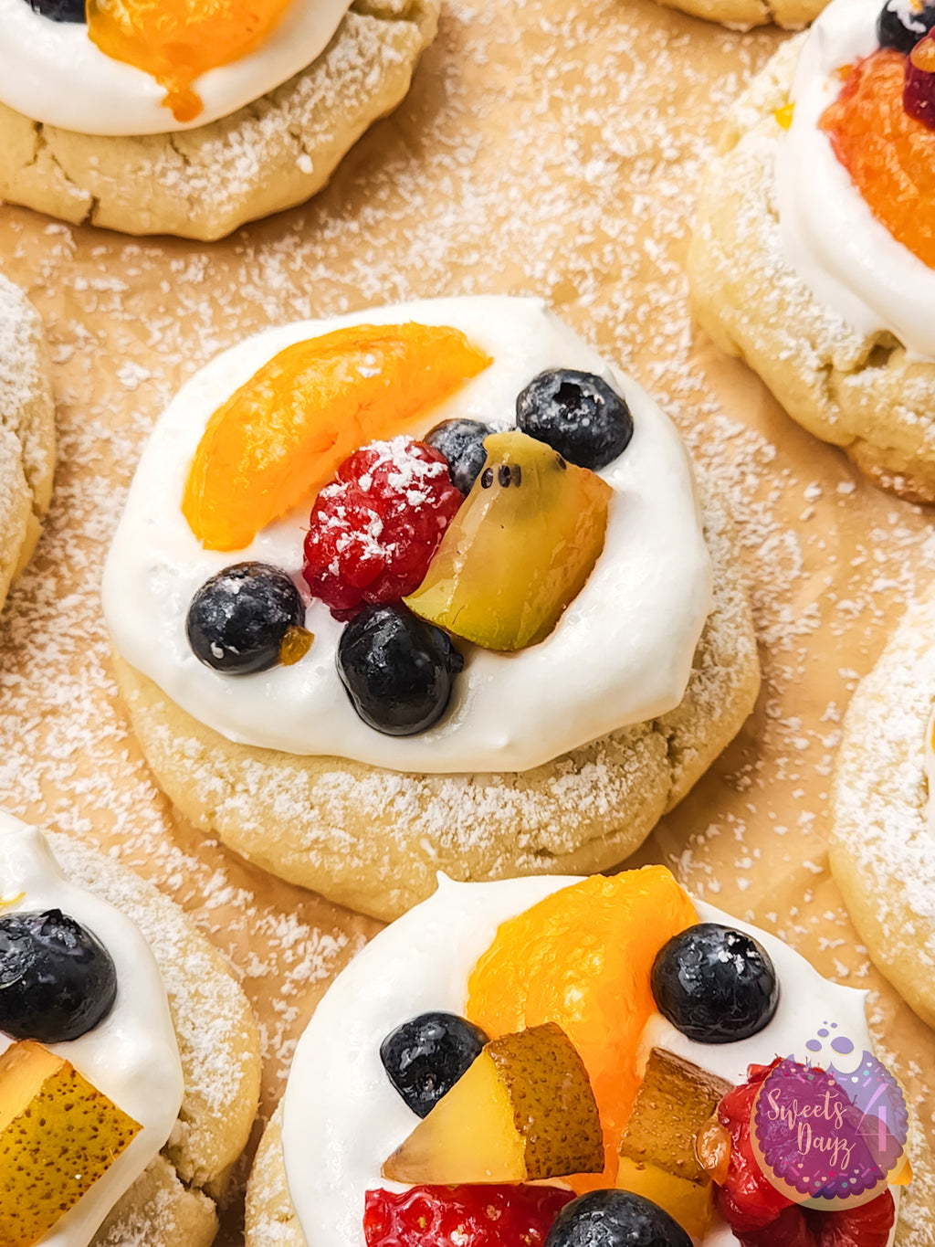 Fruit Pizza Cookies on Gold Marble