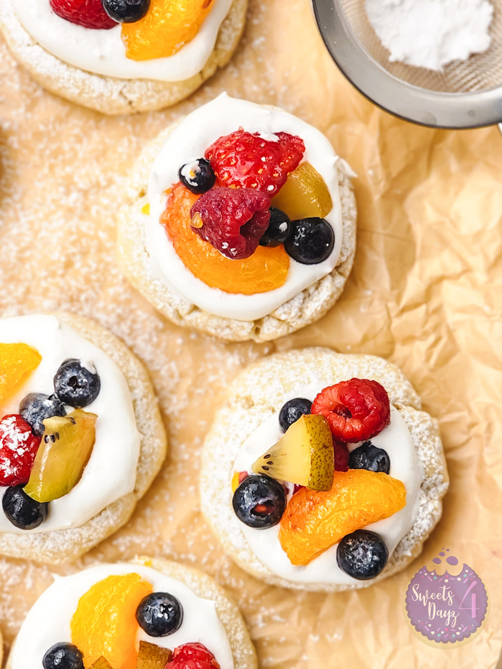 Fruit Pizza Cookies on Gold Marble