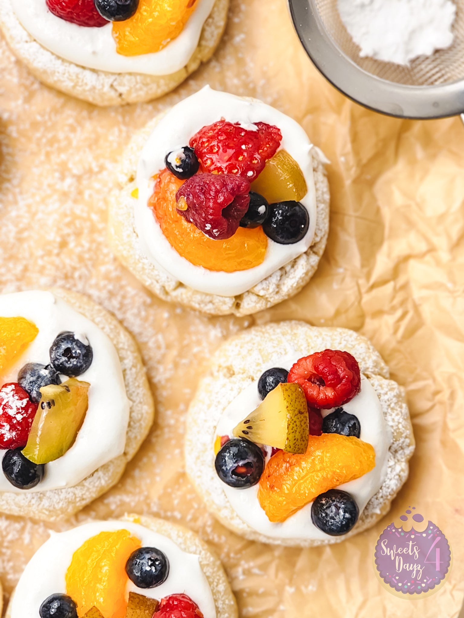 Fruit Pizza Cookies on Gold Marble