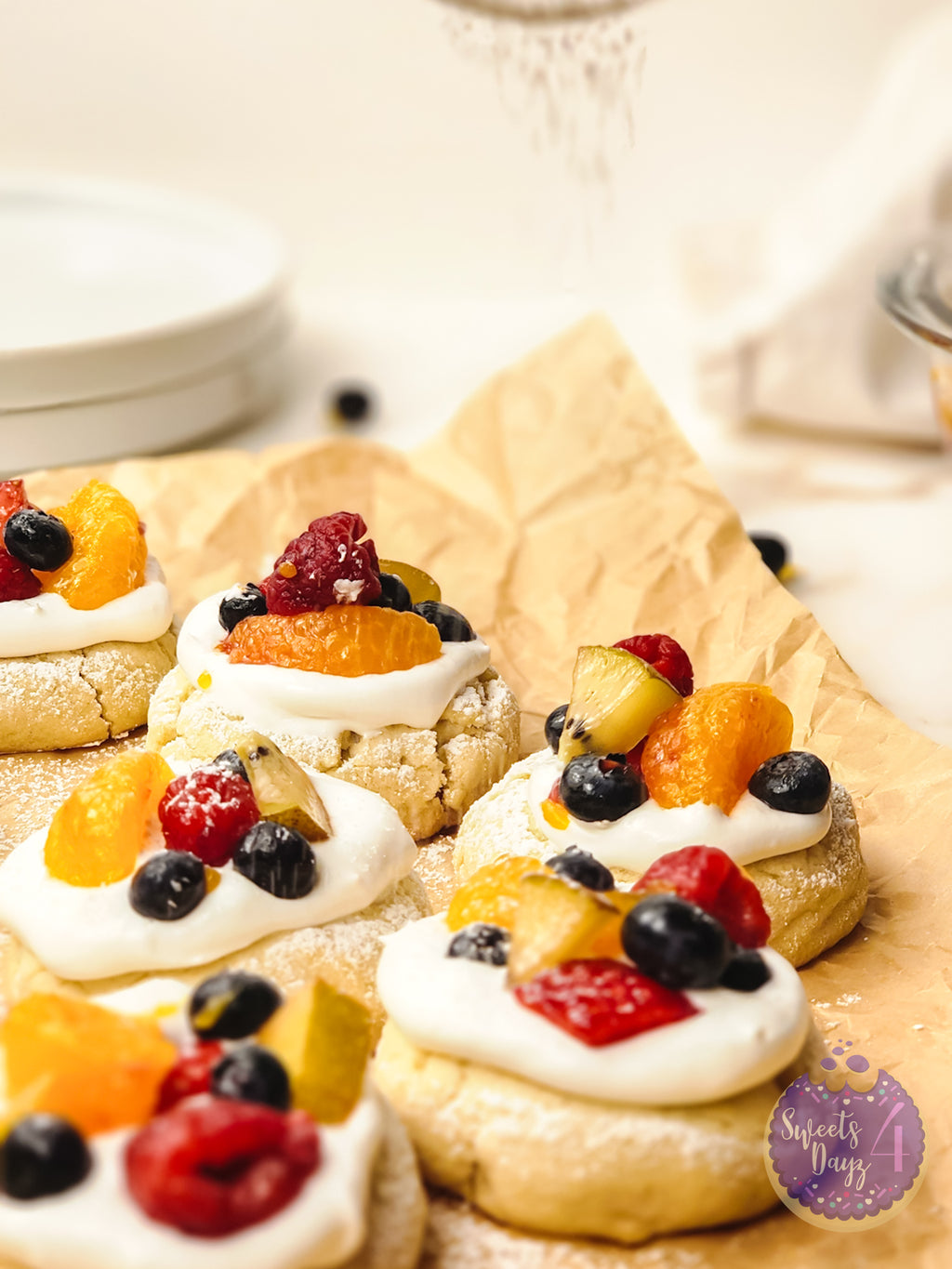Fruit Pizza Cookies on Gold Marble