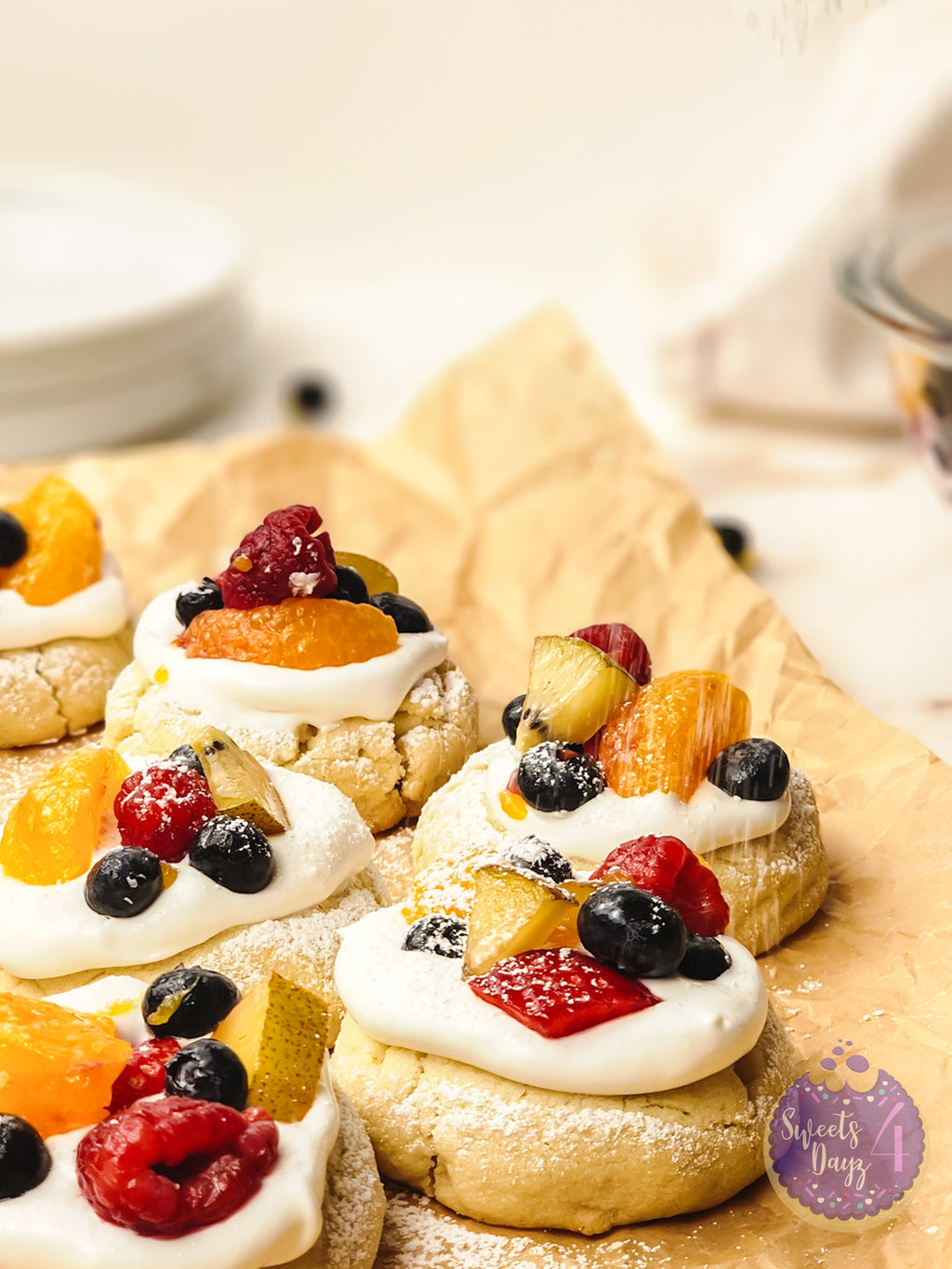 Fruit Pizza Cookies on Gold Marble