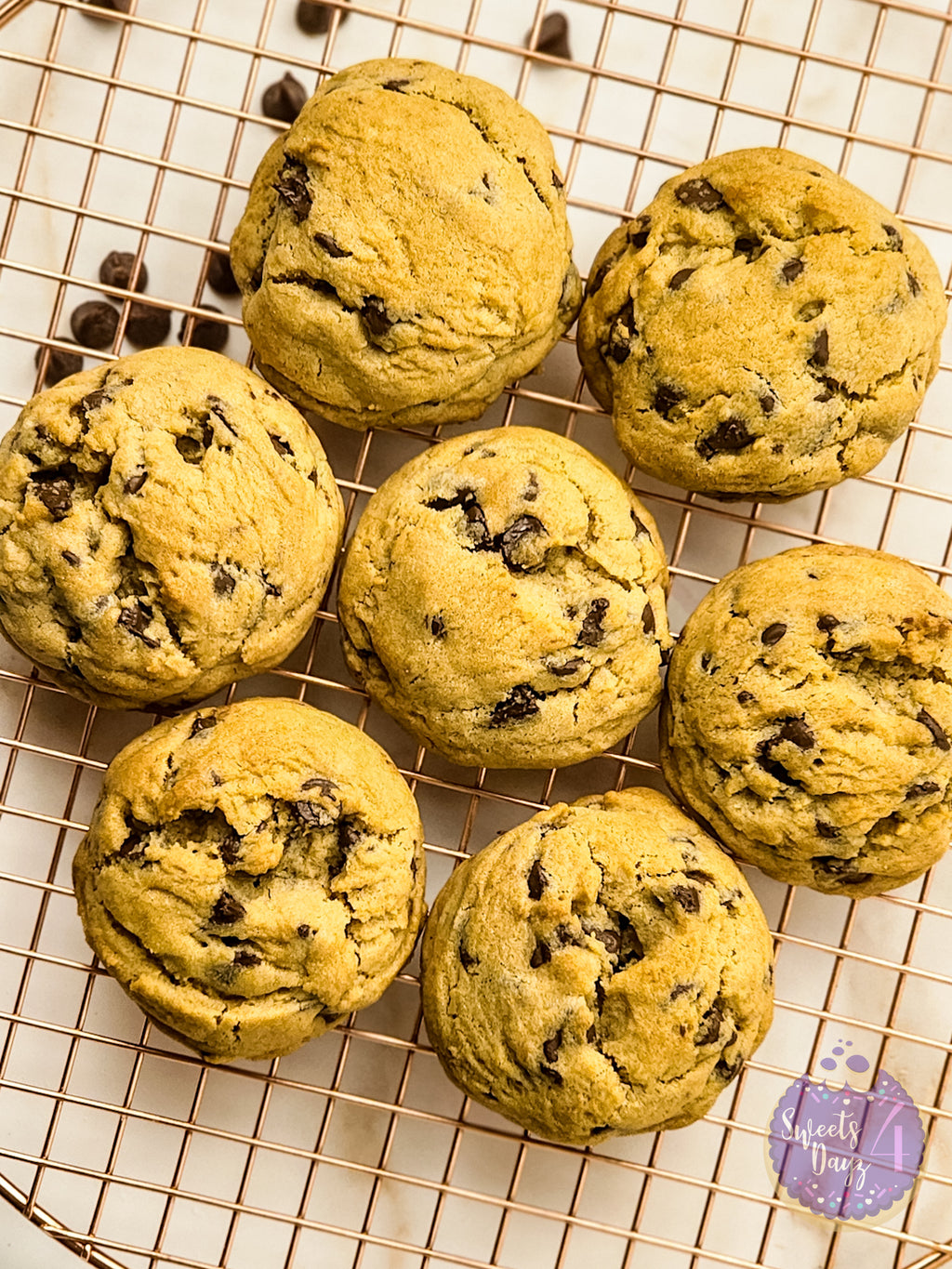 Soft Thick Chocolate Chip Cookies on Gold Marble