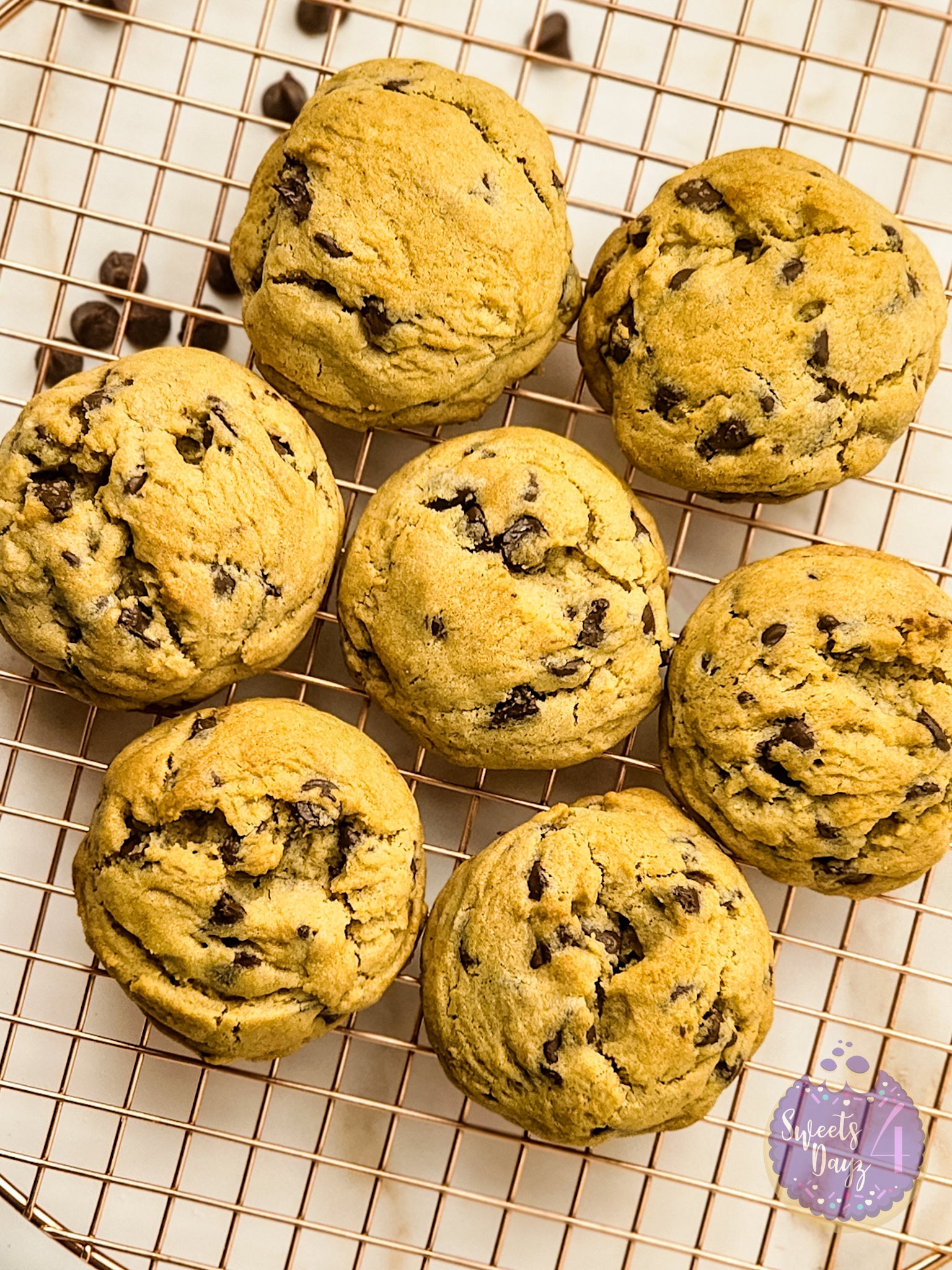 Soft Thick Chocolate Chip Cookies on Gold Marble