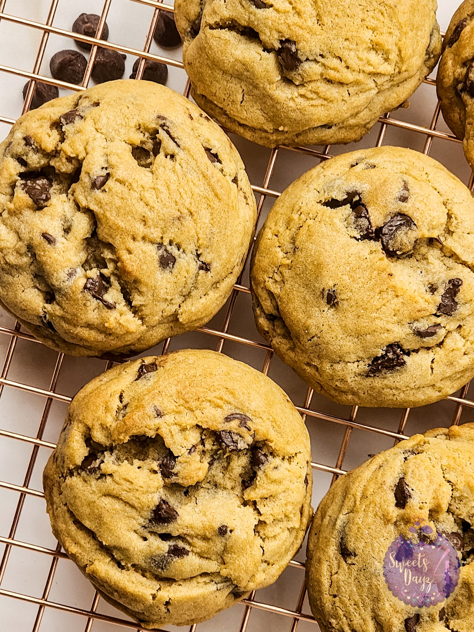 Soft Thick Chocolate Chip Cookies on Gold Marble