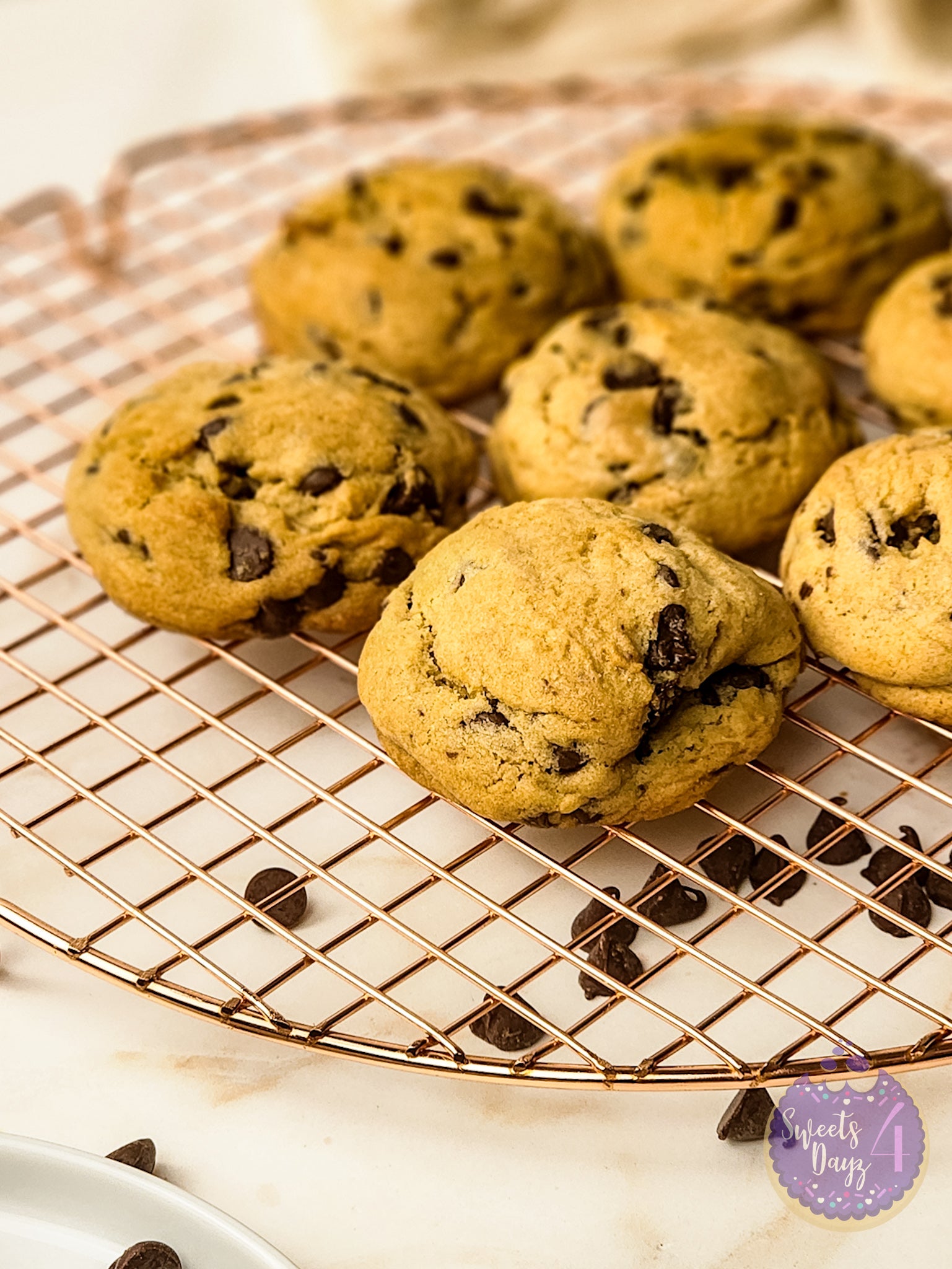 Soft Thick Chocolate Chip Cookies on Gold Marble