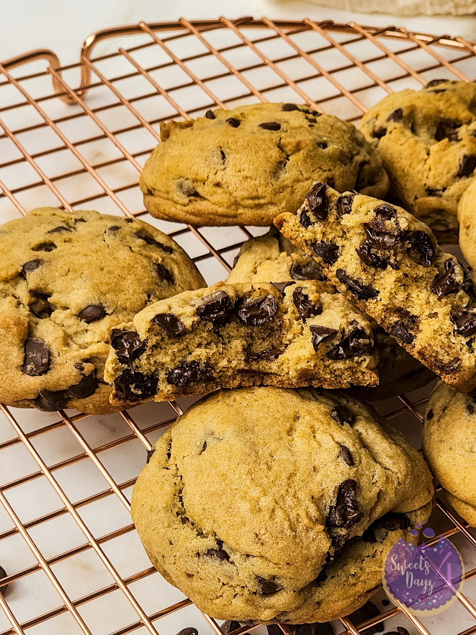 Soft Thick Chocolate Chip Cookies on Gold Marble