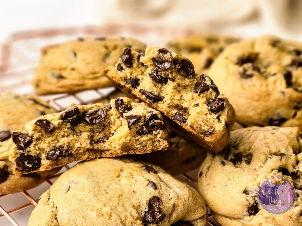 Soft Thick Chocolate Chip Cookies on Gold Marble