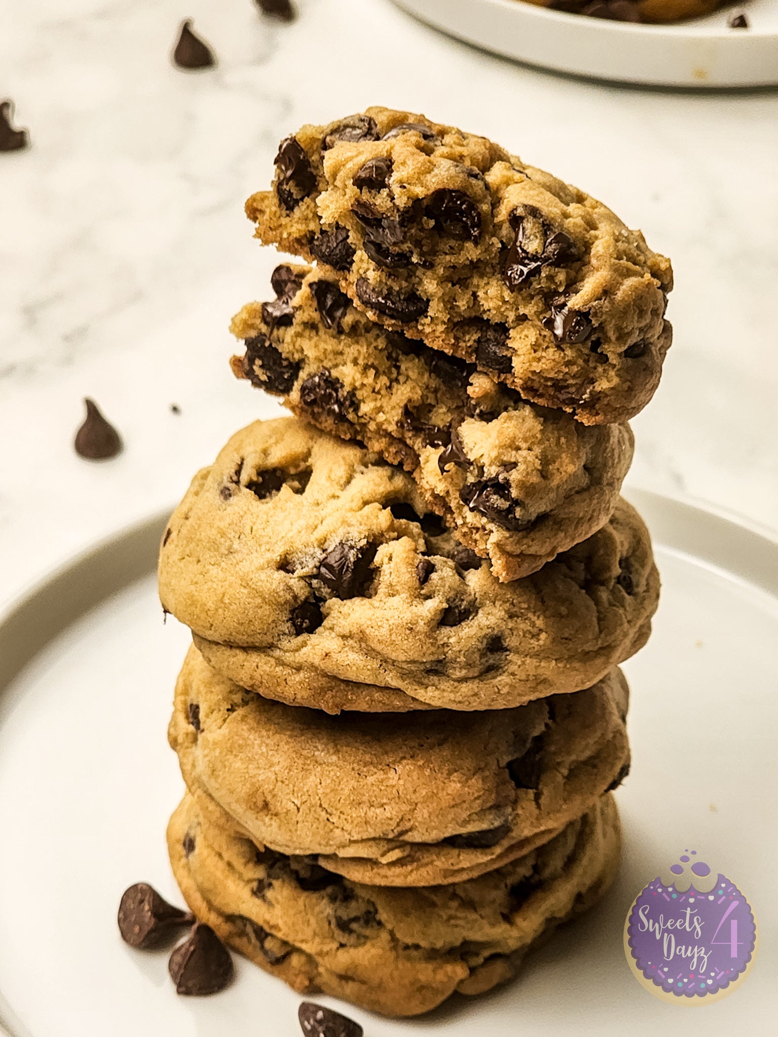 Soft Thick Chocolate Chip Cookies on Marble