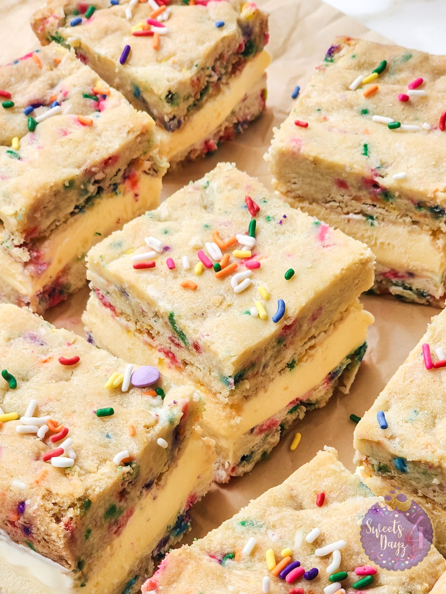 Funfetti Cookie Ice Cream Sandwiches on Gold Marble