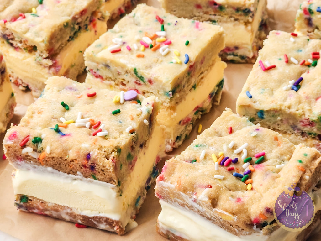 Funfetti Cookie Ice Cream Sandwiches on Gold Marble