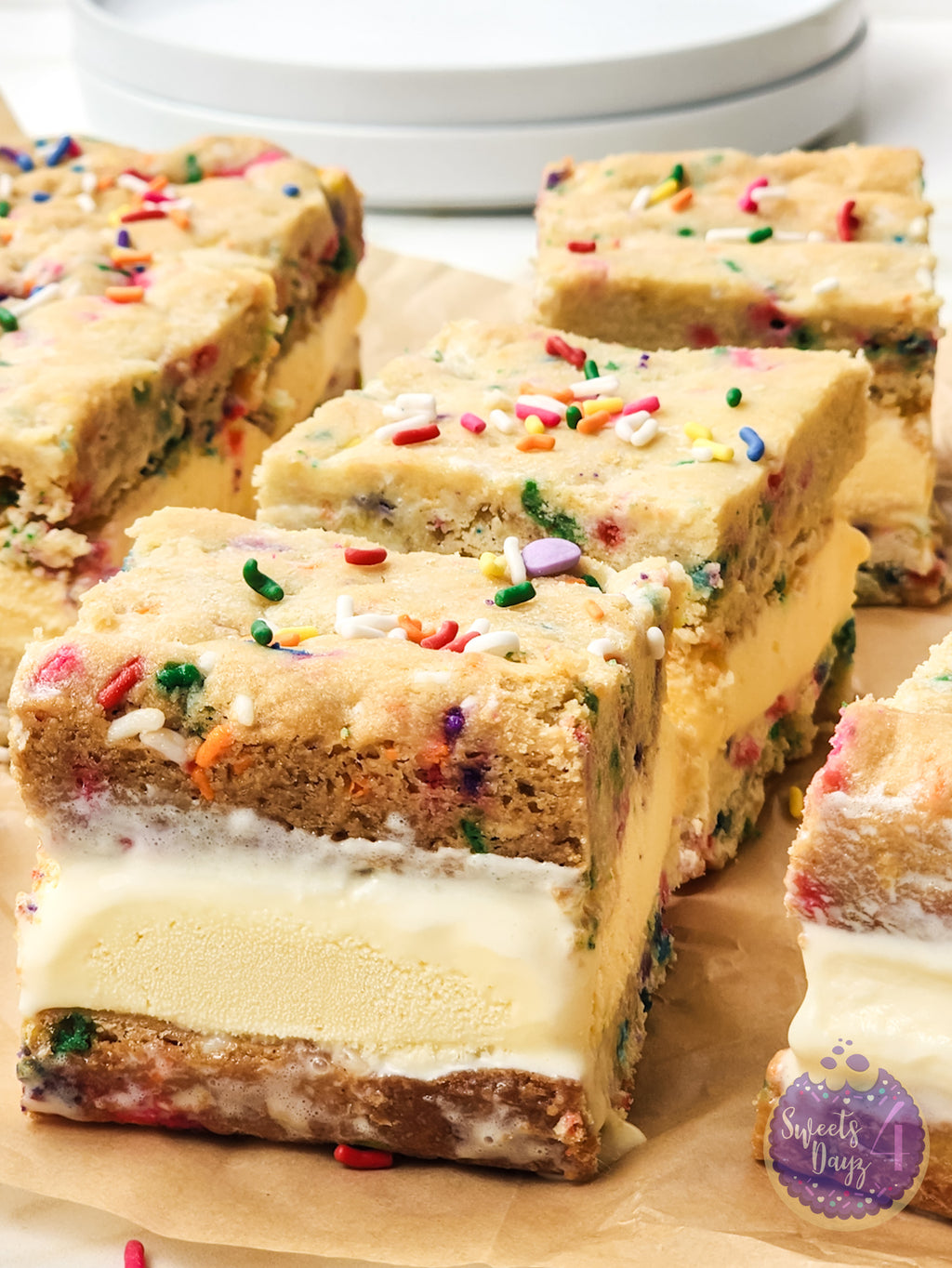 Funfetti Cookie Ice Cream Sandwiches on Gold Marble