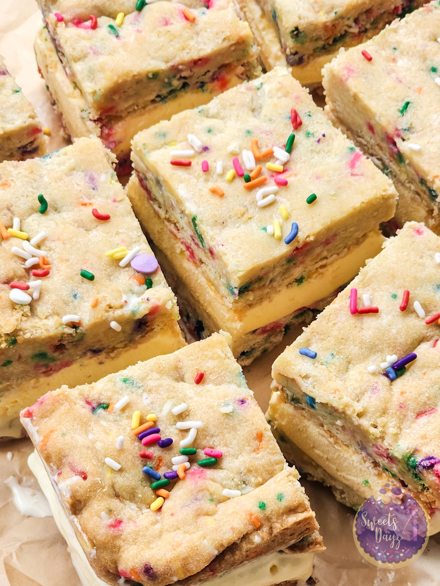 Funfetti Cookie Ice Cream Sandwiches on Gold Marble