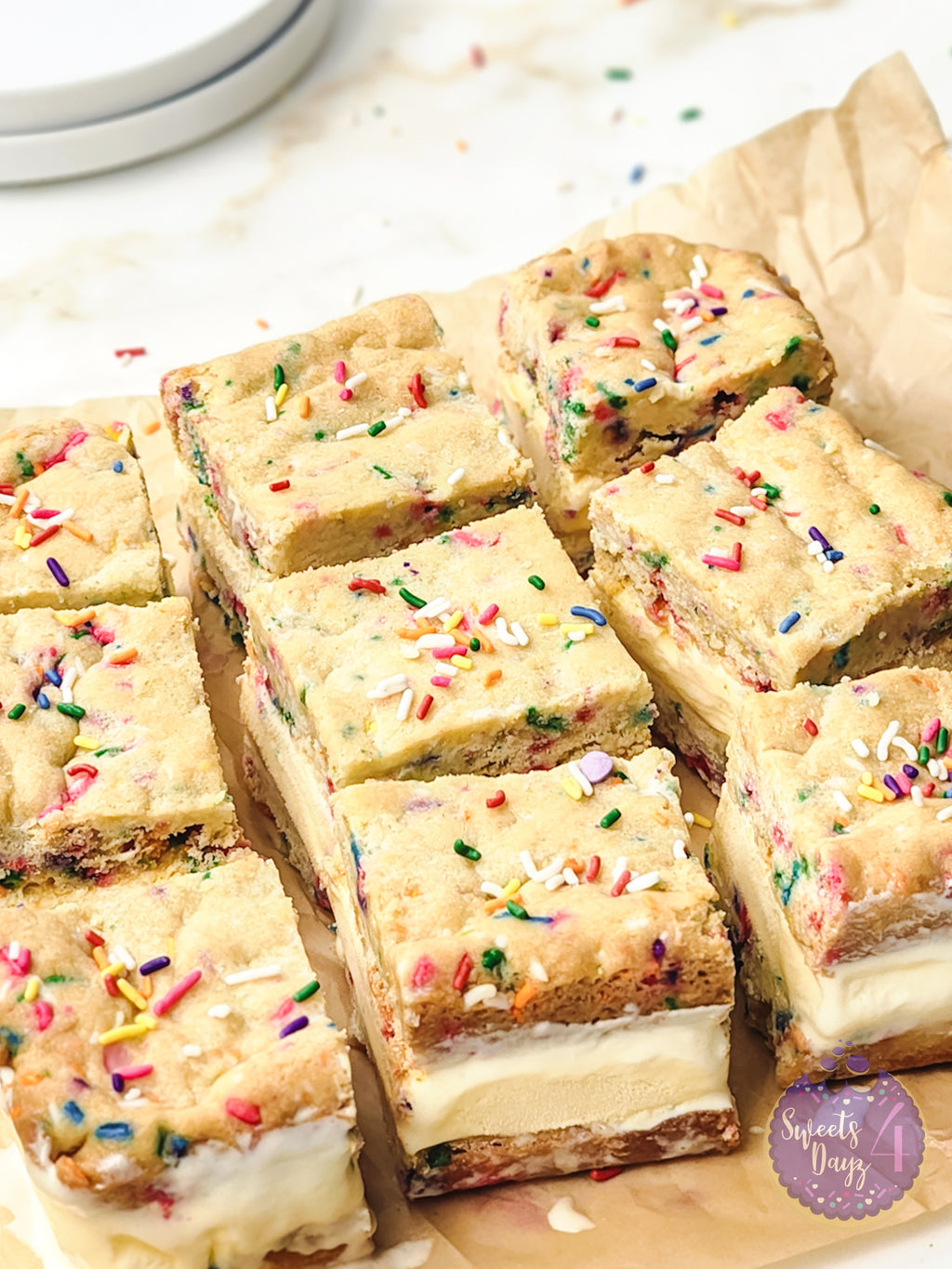 Funfetti Cookie Ice Cream Sandwiches on Gold Marble