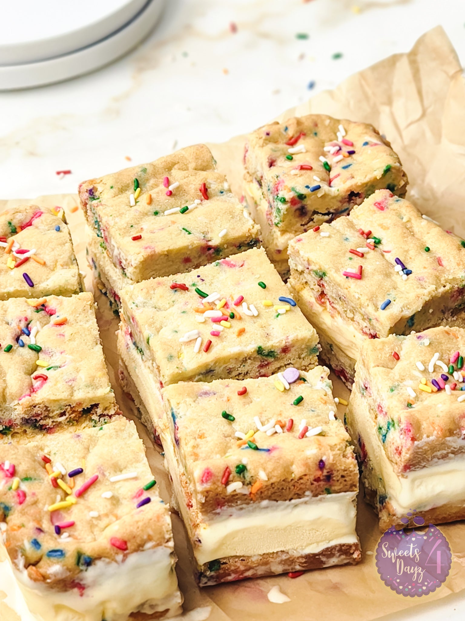 Funfetti Cookie Ice Cream Sandwiches on Gold Marble
