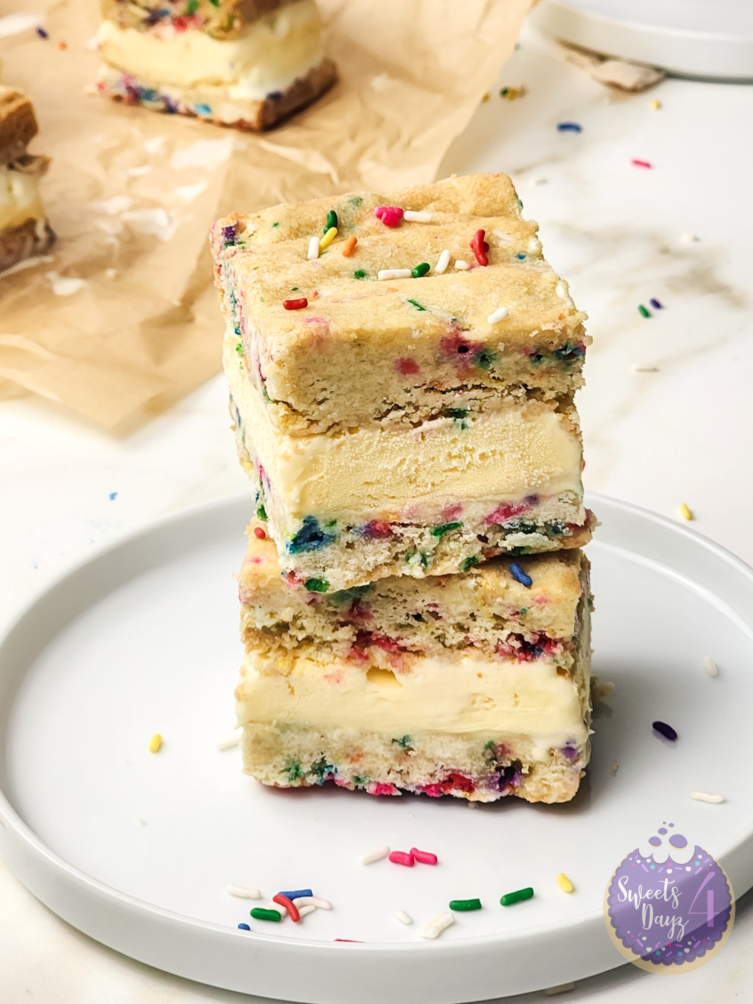 Funfetti Cookie Ice Cream Sandwiches on Gold Marble