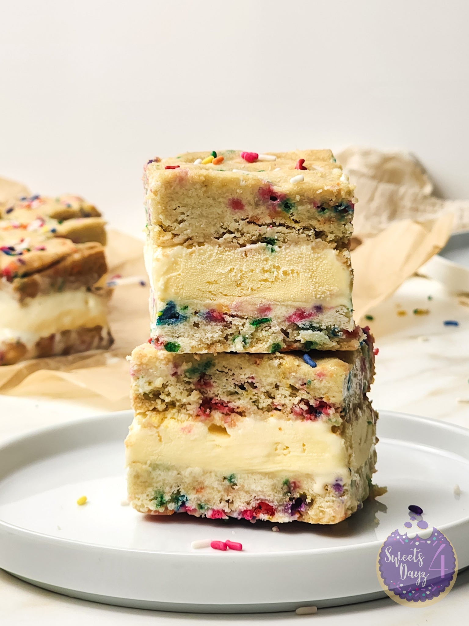 Funfetti Cookie Ice Cream Sandwiches on Gold Marble