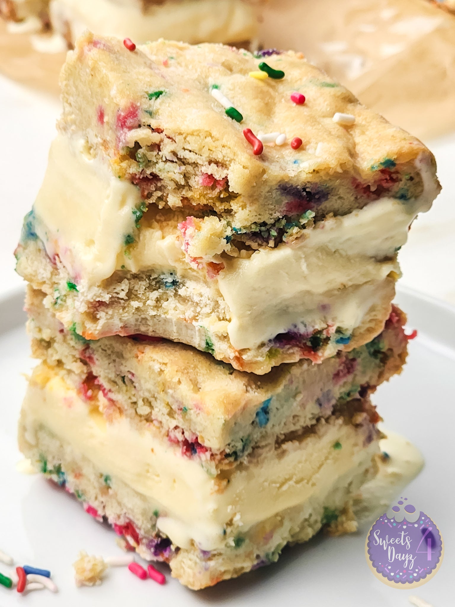Funfetti Cookie Ice Cream Sandwiches on Gold Marble