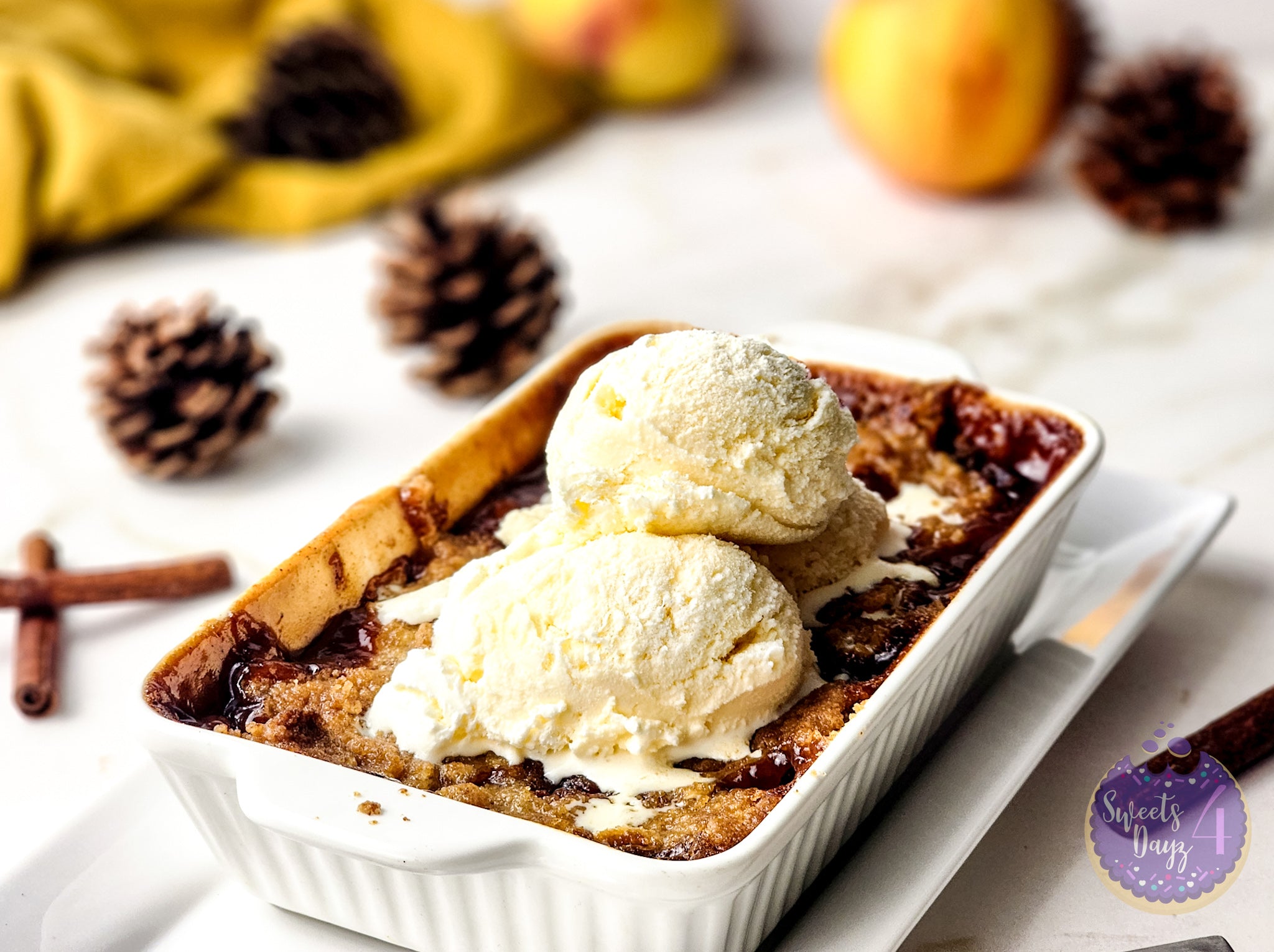 Peach Cobbler For One on Gold Marble