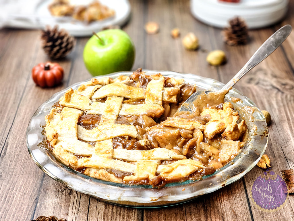 Salted Caramel Apple Pie on Brown Wood