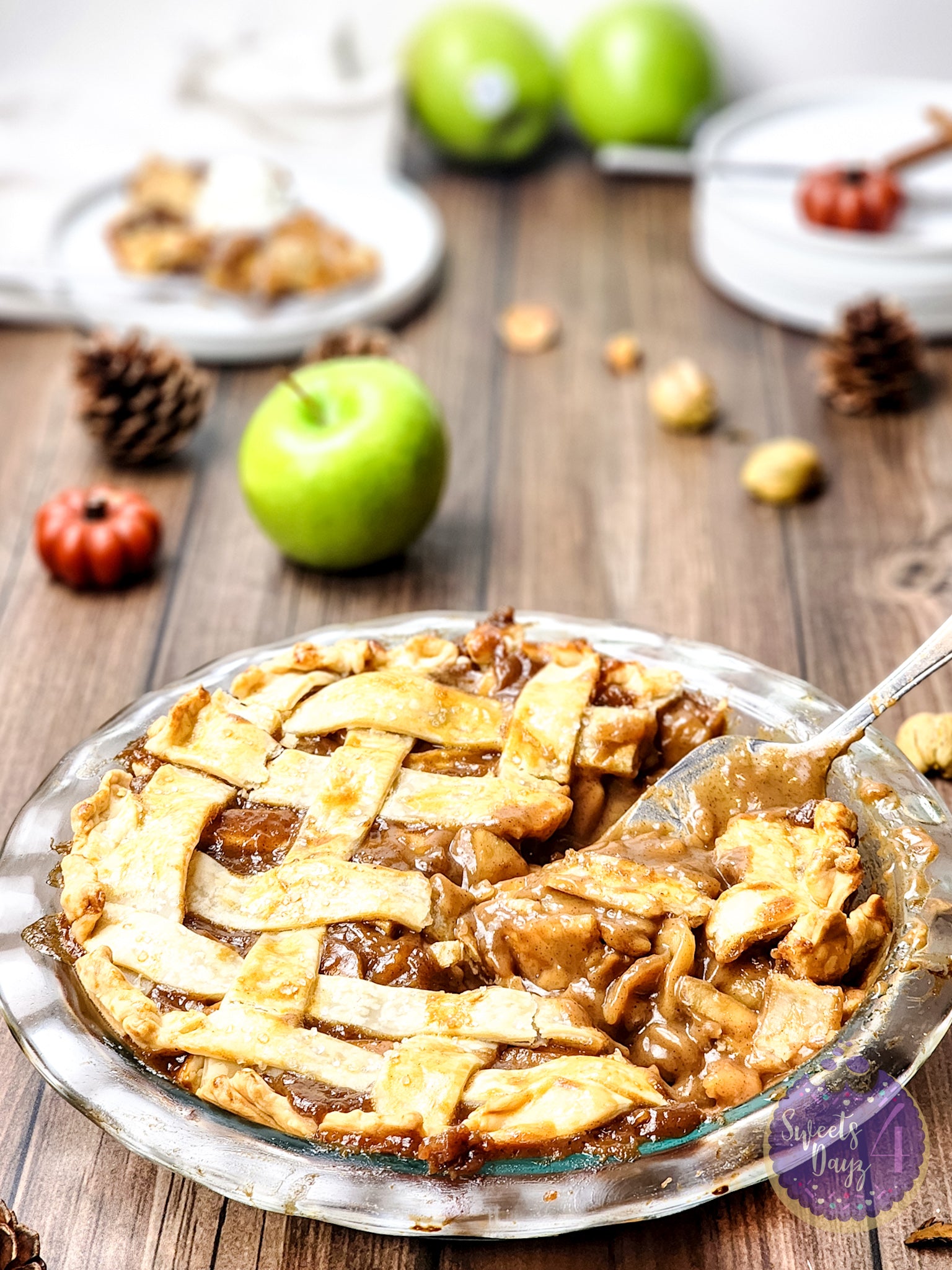 Salted Caramel Apple Pie on Brown Wood