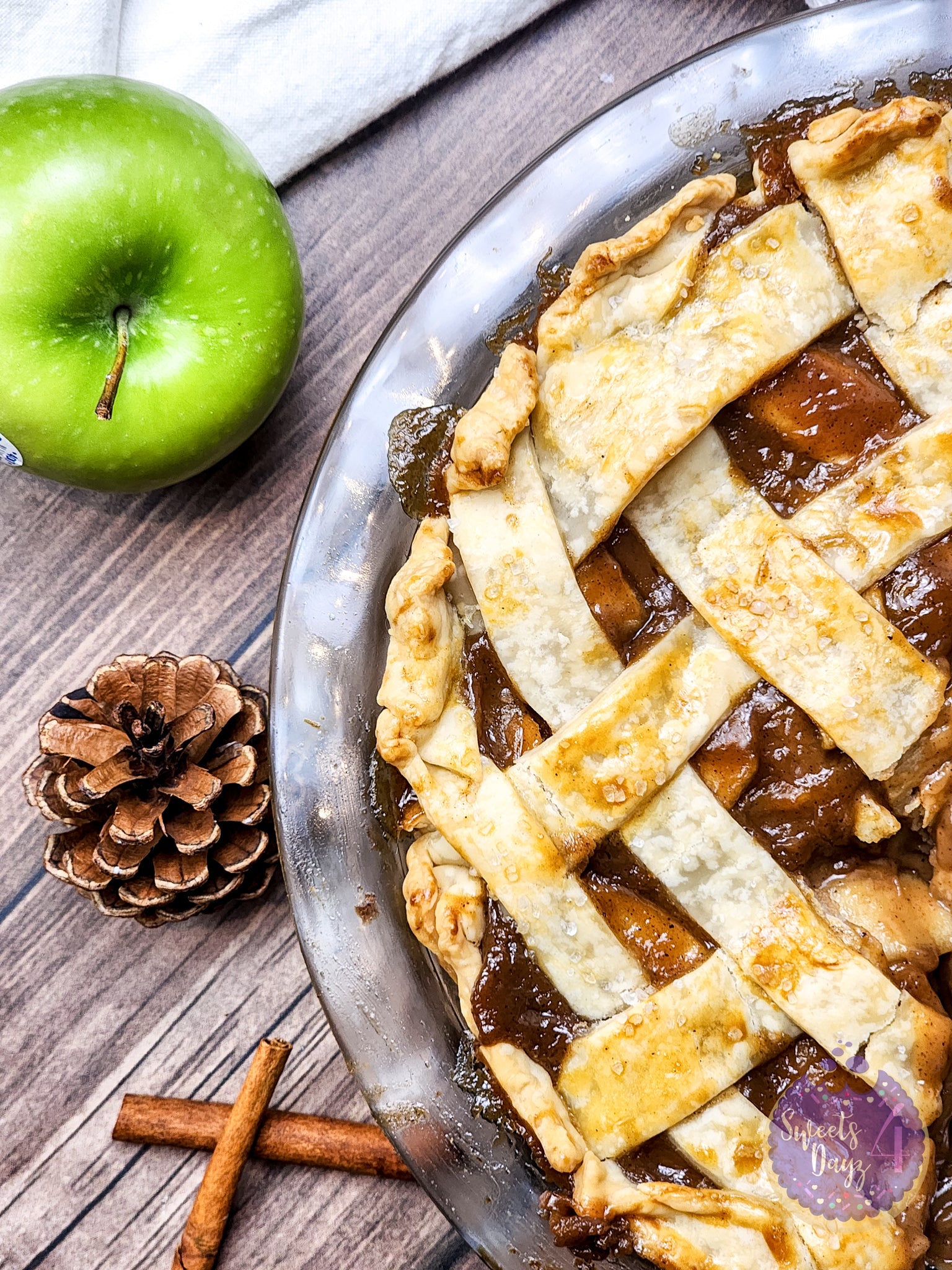 Salted Caramel Apple Pie on Brown Wood