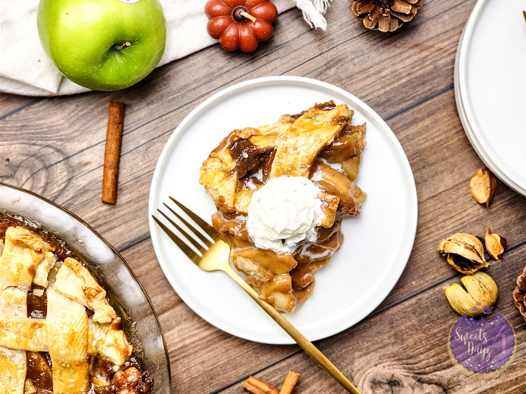 Salted Caramel Apple Pie on Brown Wood