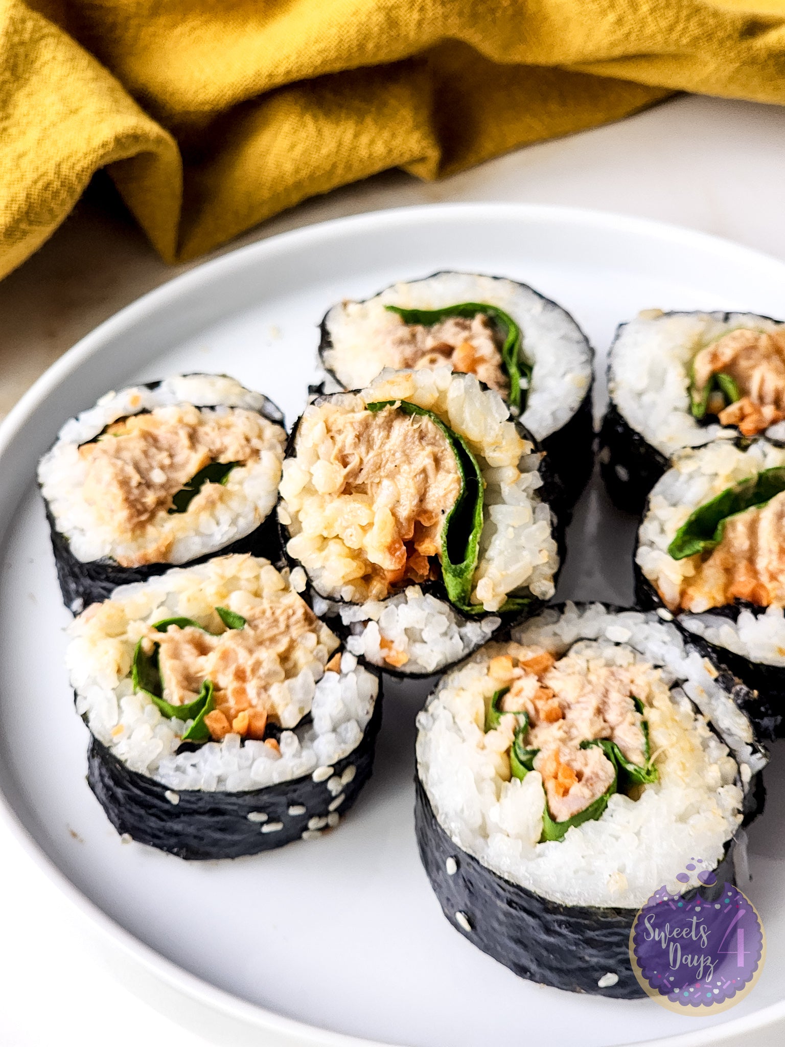Spicy Tuna Kimbap Rolls on Gold Marble