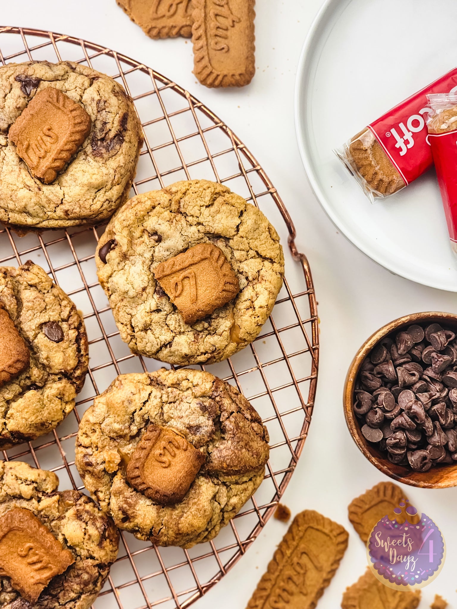 Biscoff Chocolate Chip Cookies on White