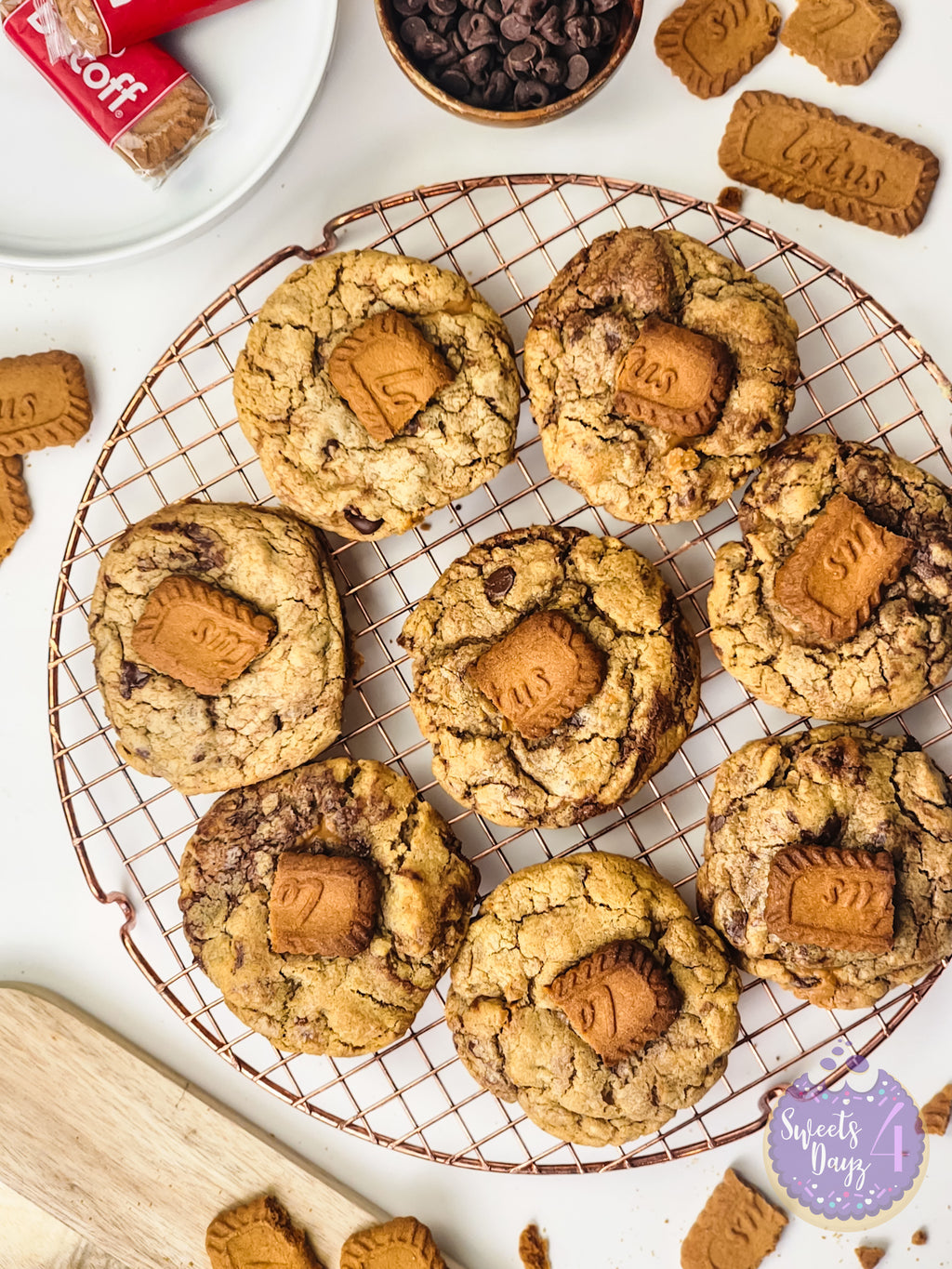 Biscoff Chocolate Chip Cookies on White