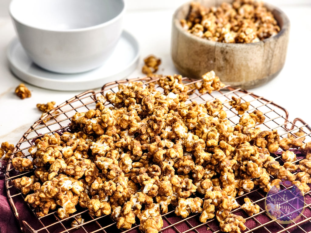 Homemade Caramel Popcorn on Gold Marble