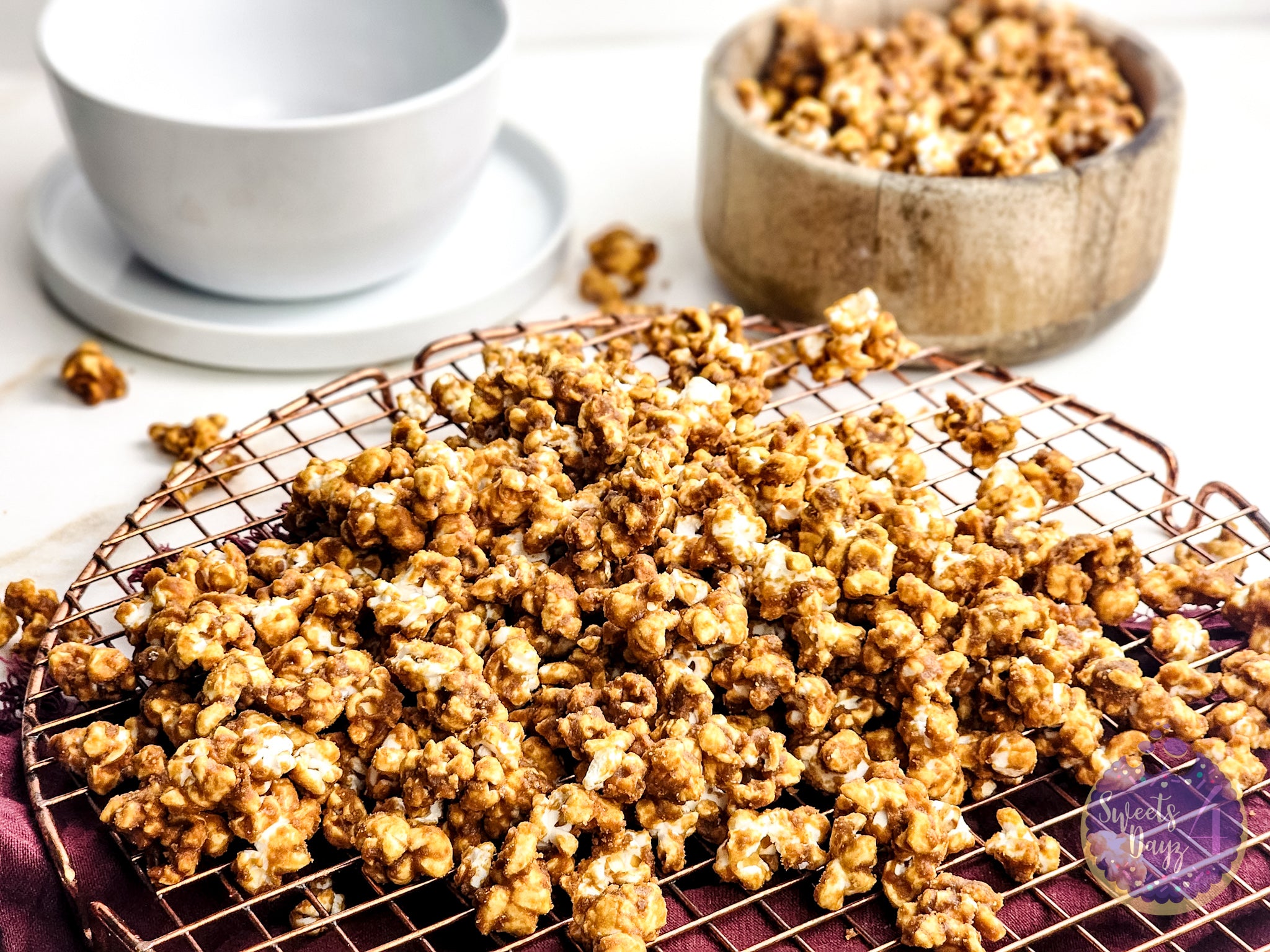 Homemade Caramel Popcorn on Gold Marble