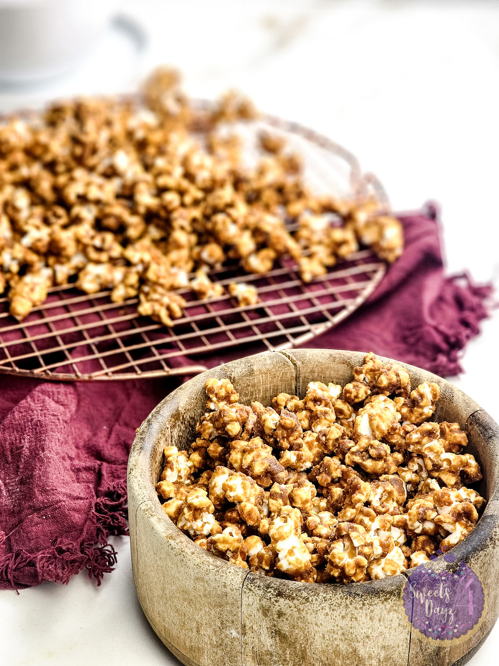 Homemade Caramel Popcorn on Gold Marble