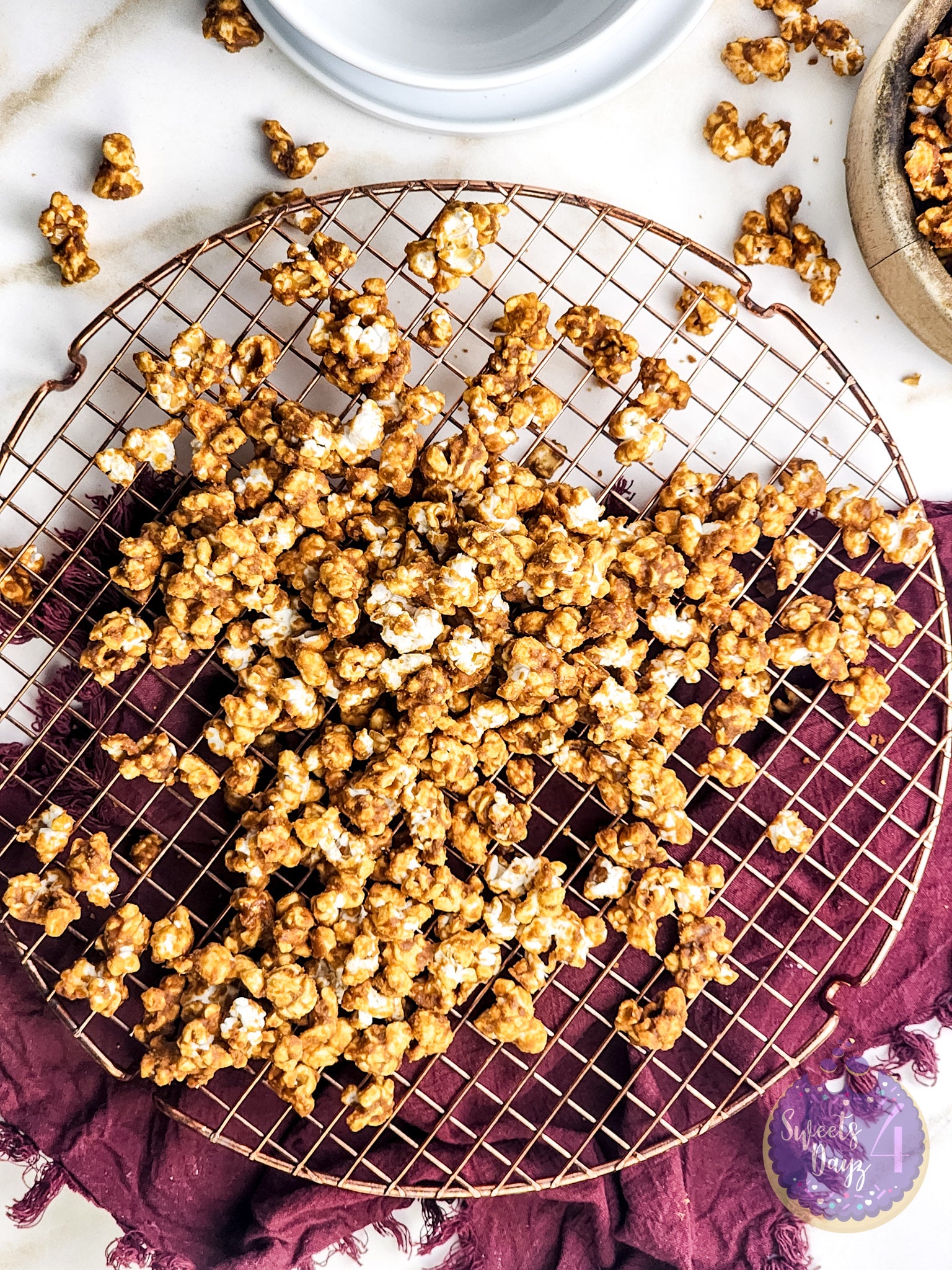 Homemade Caramel Popcorn on Gold Marble