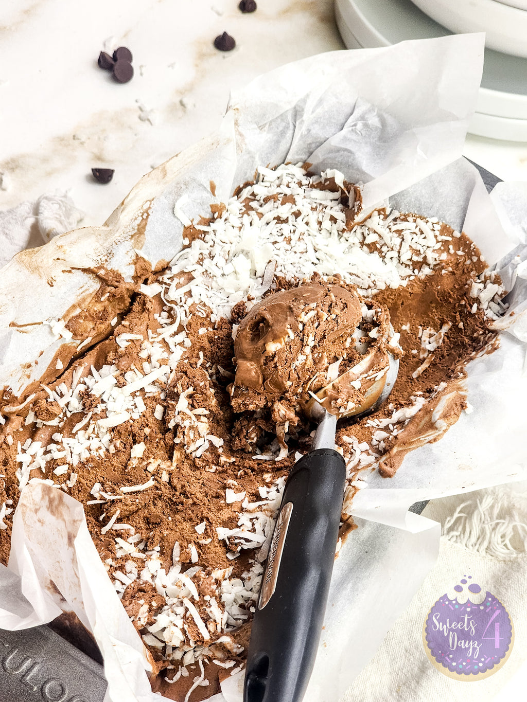 Chocolate Coconut Ice Cream on Gold Marble