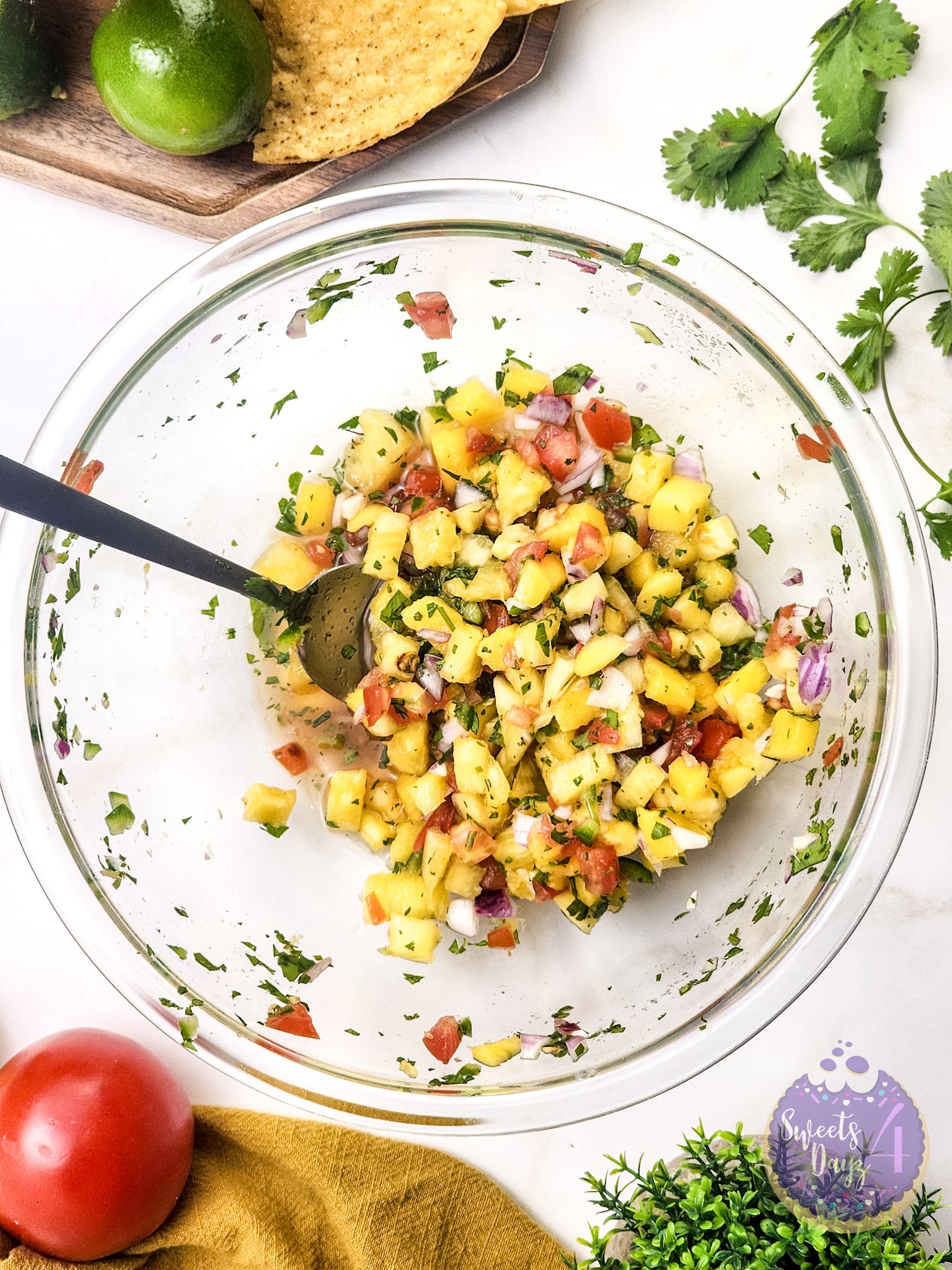 Mango Pineapple Salsa on Gold Marble