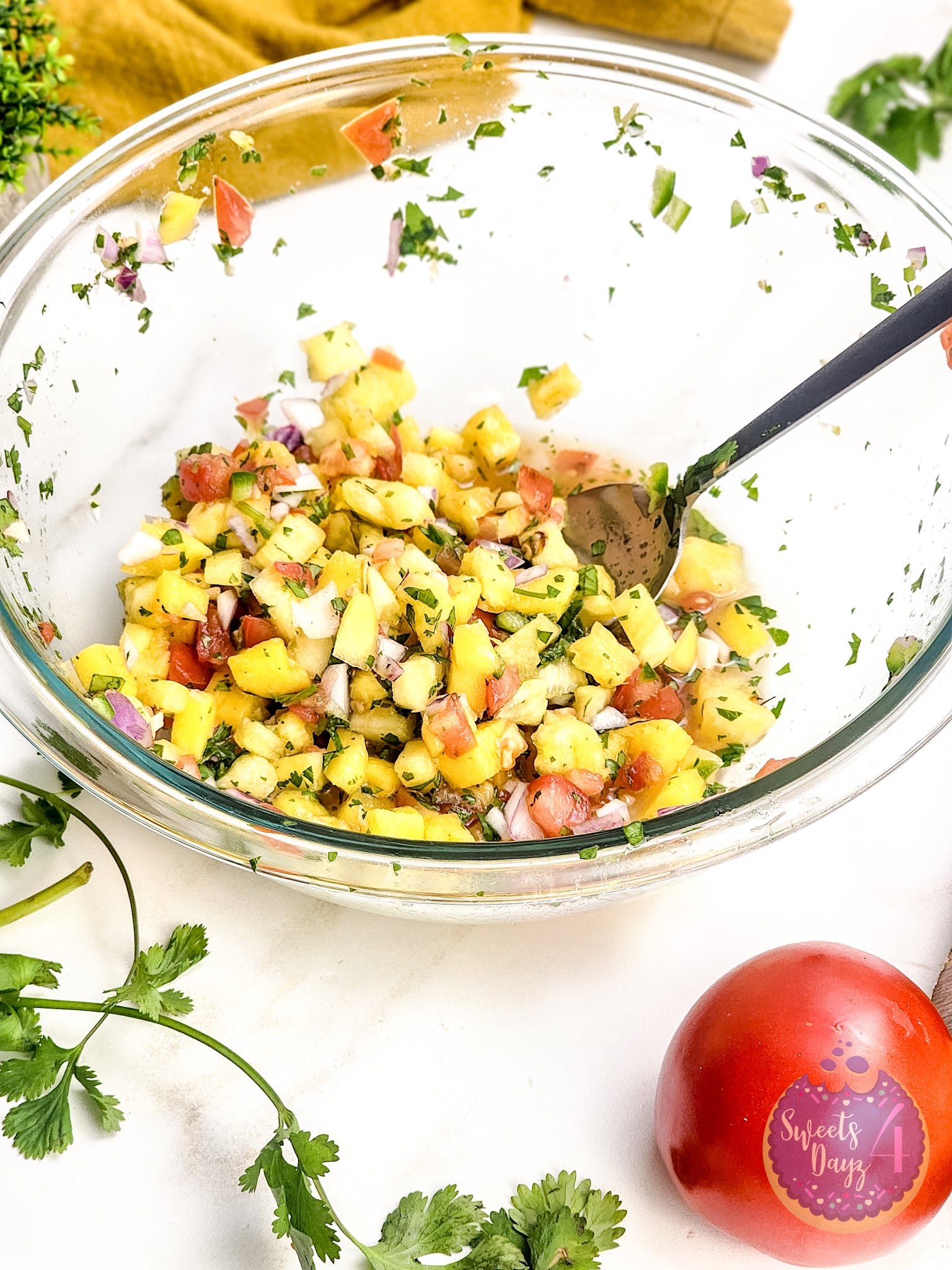 Mango Pineapple Salsa on Gold Marble