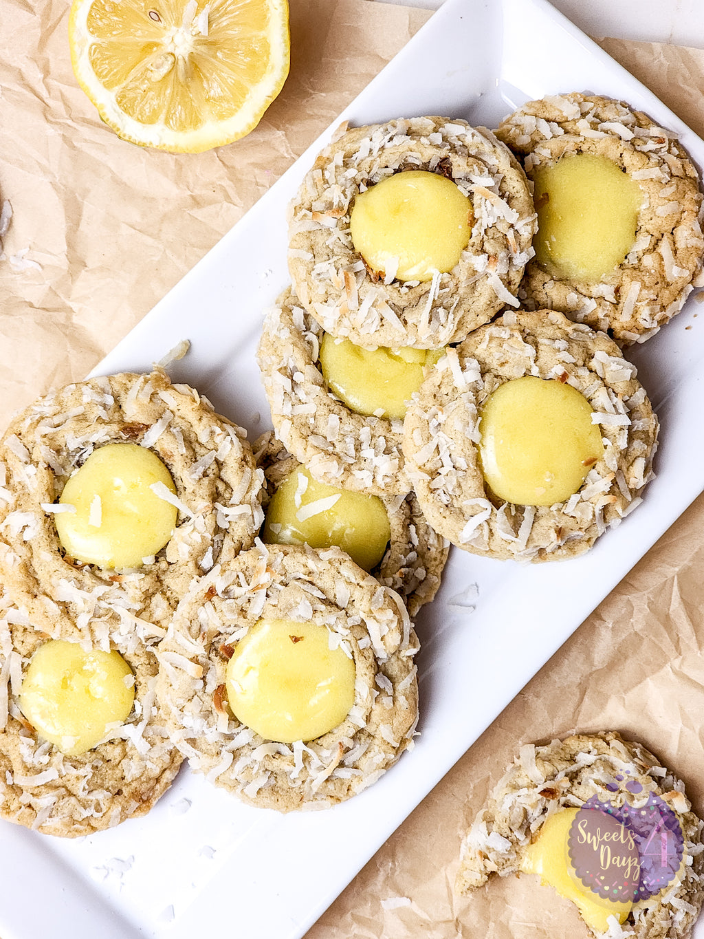 Coconut Lemon Curd Cookies on Gold Marble