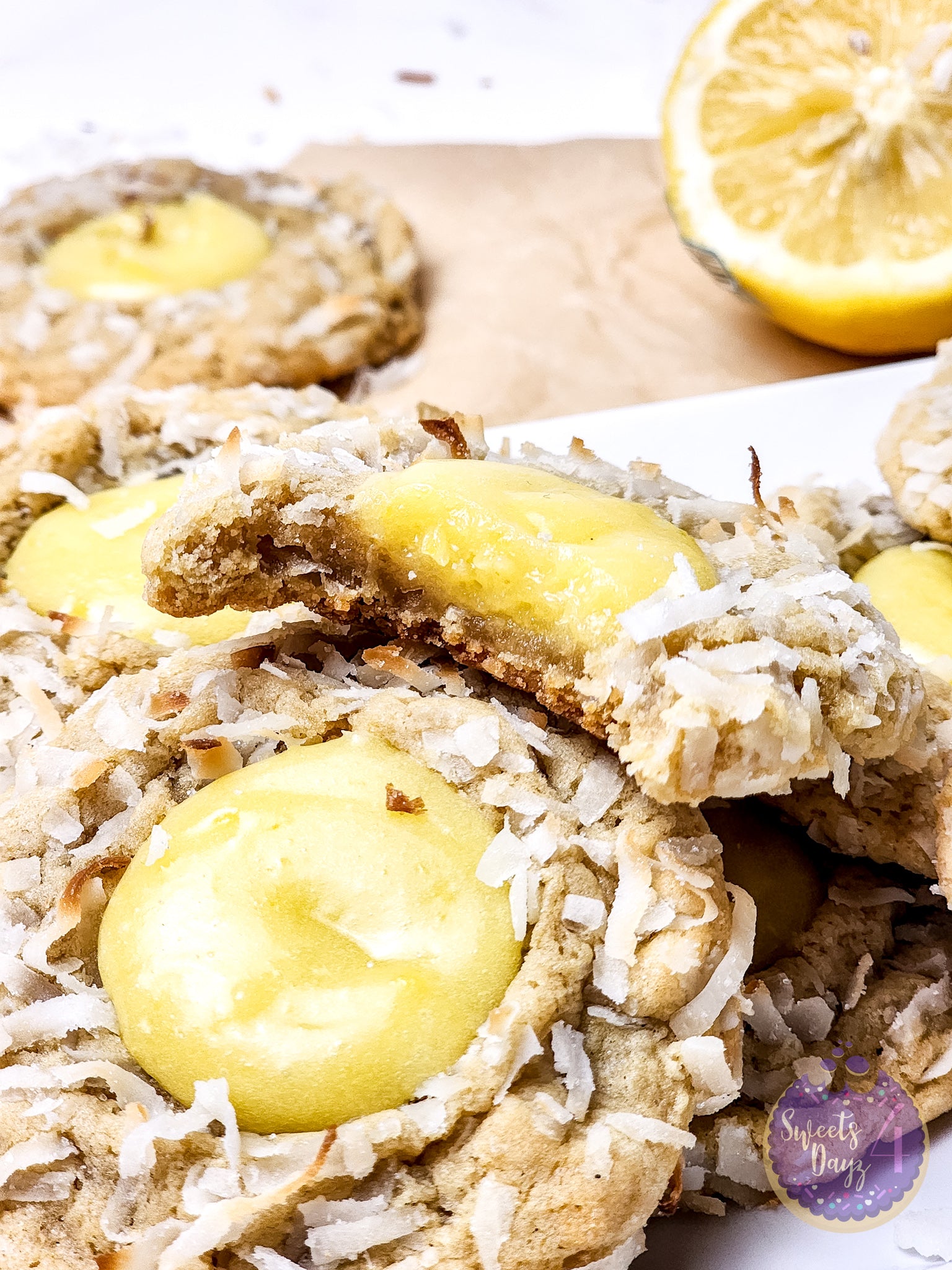 Coconut Lemon Curd Cookies on Gold Marble